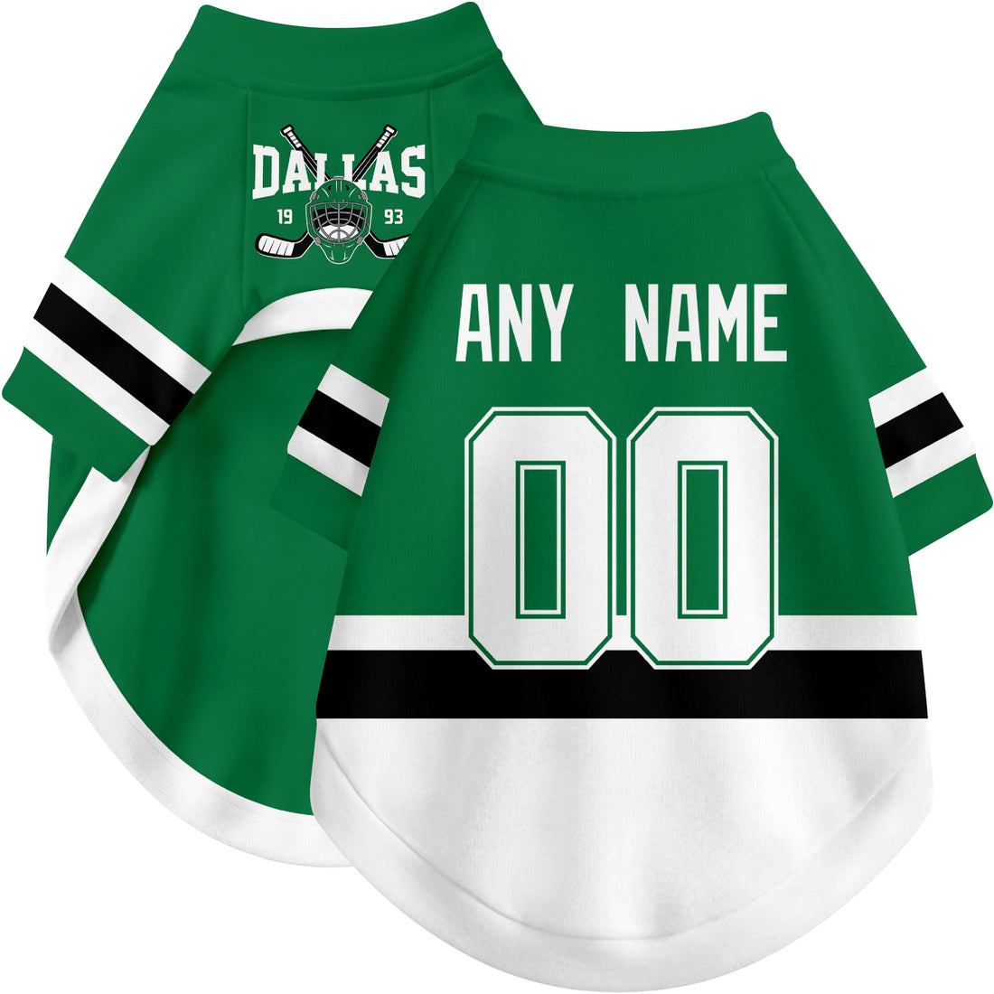 Dog wearing custom hockey-style jersey in Green and White colors with personalized name and number