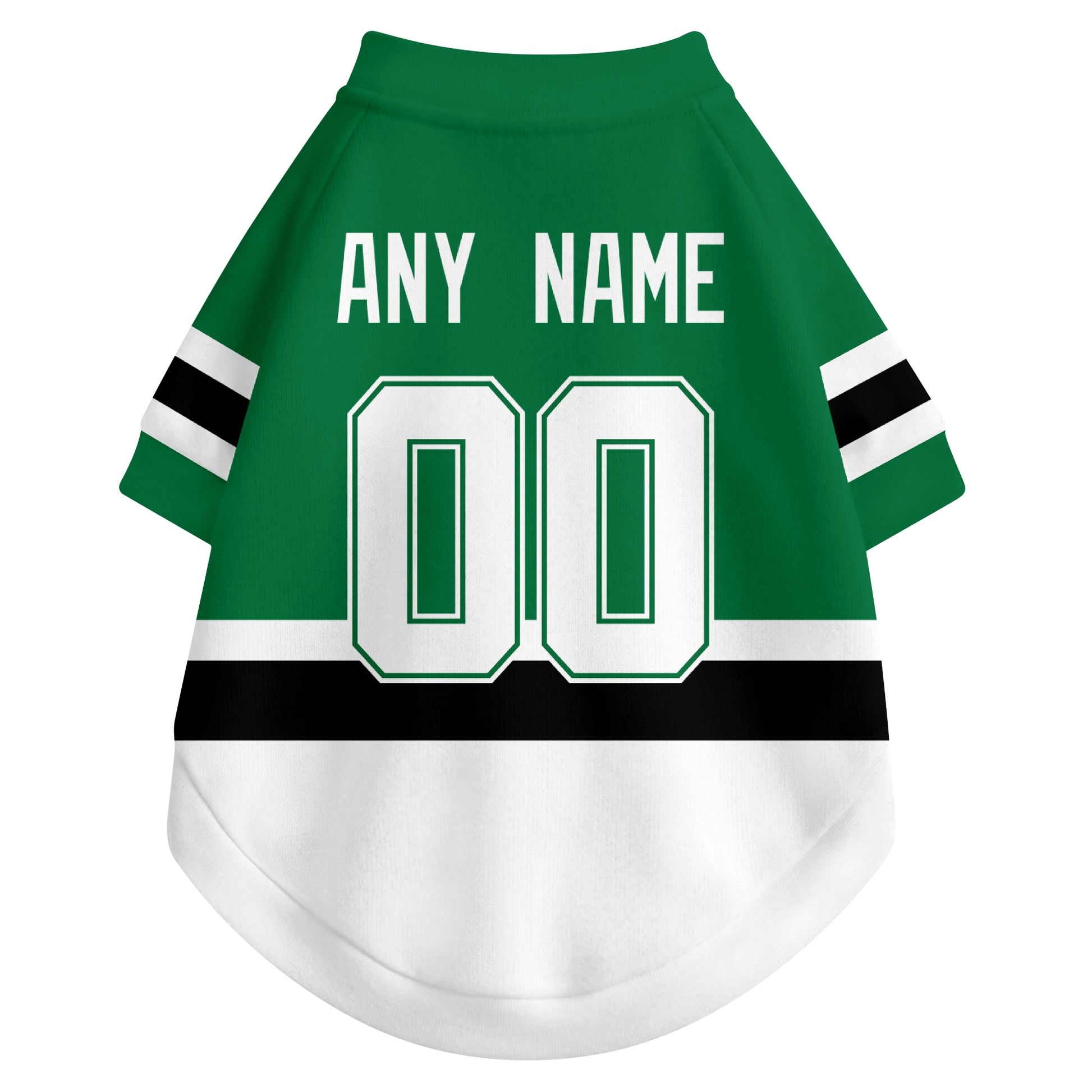 Back view of custom hockey-style dog jersey in Green and White colors with personalized name and number