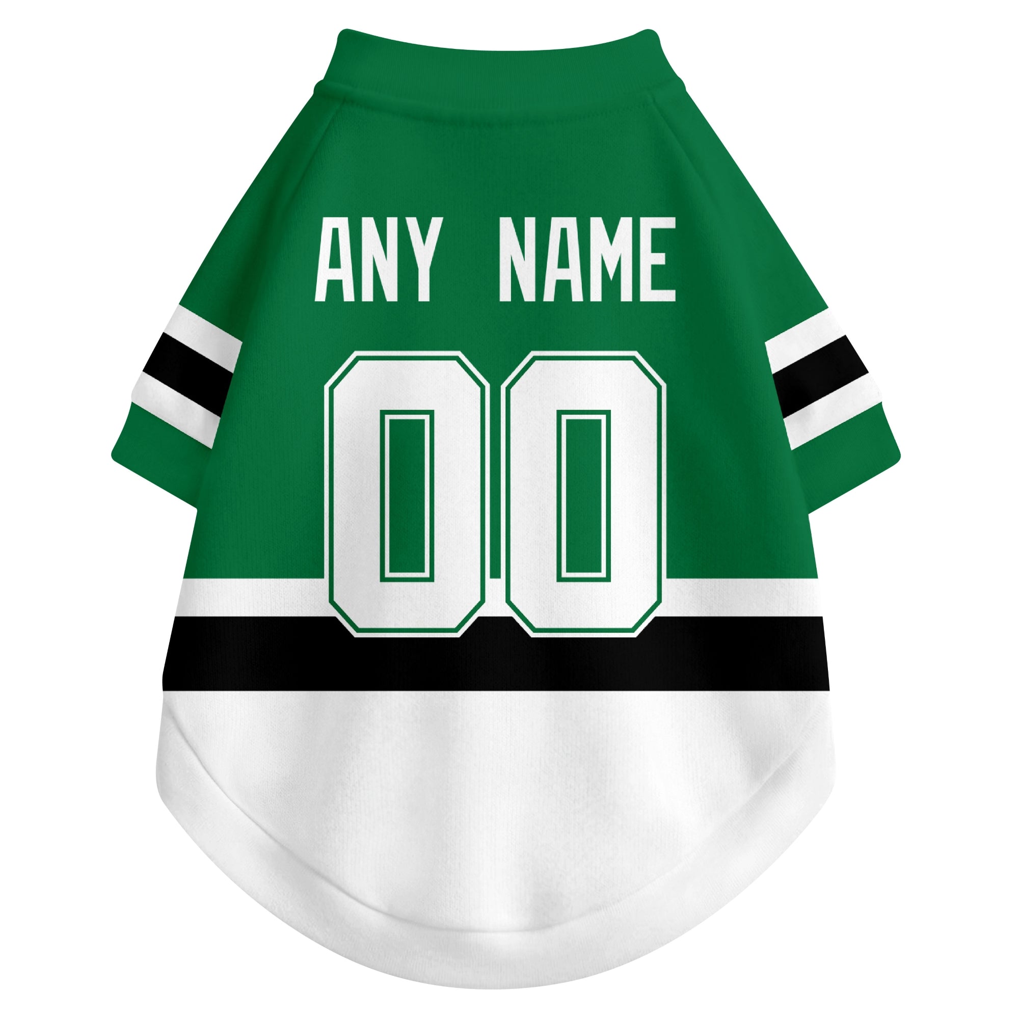 Back view of custom hockey-style dog jersey in Green and White colors with personalized name and number