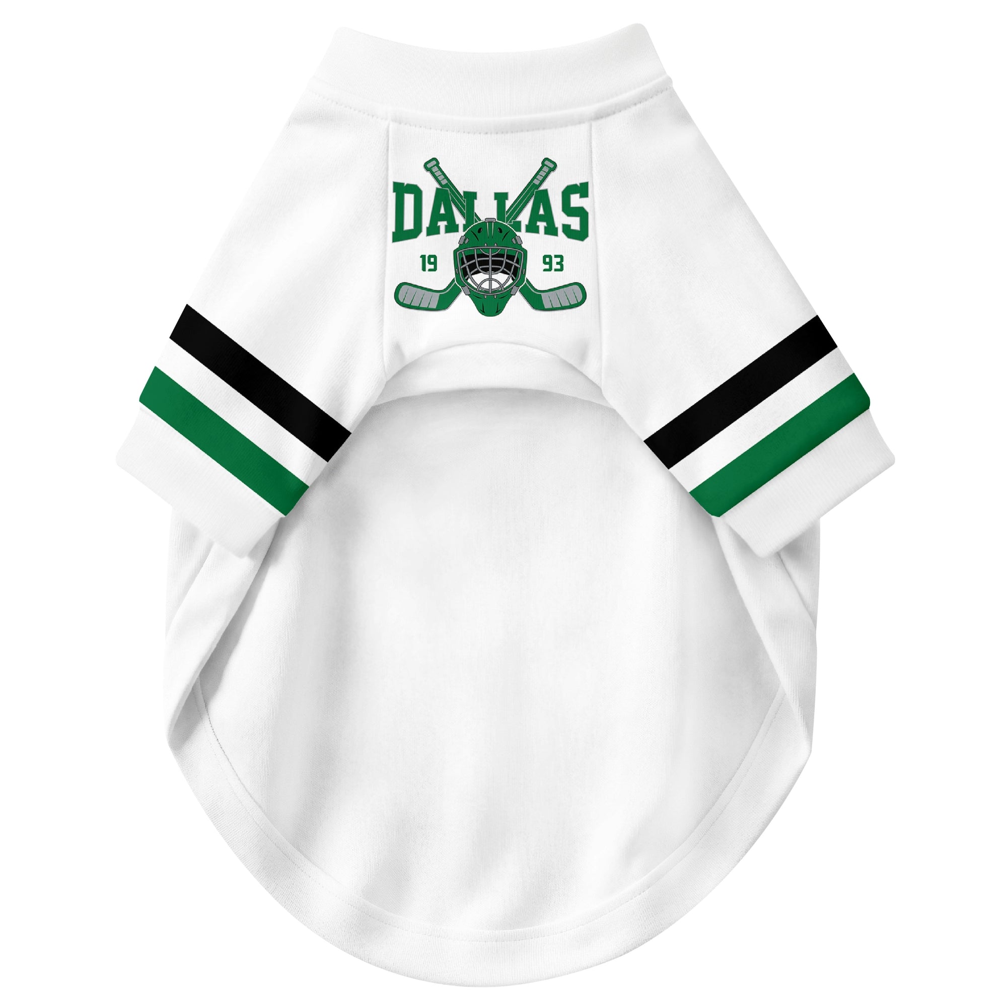 Front view of custom hockey-style dog jersey in White and Green colors