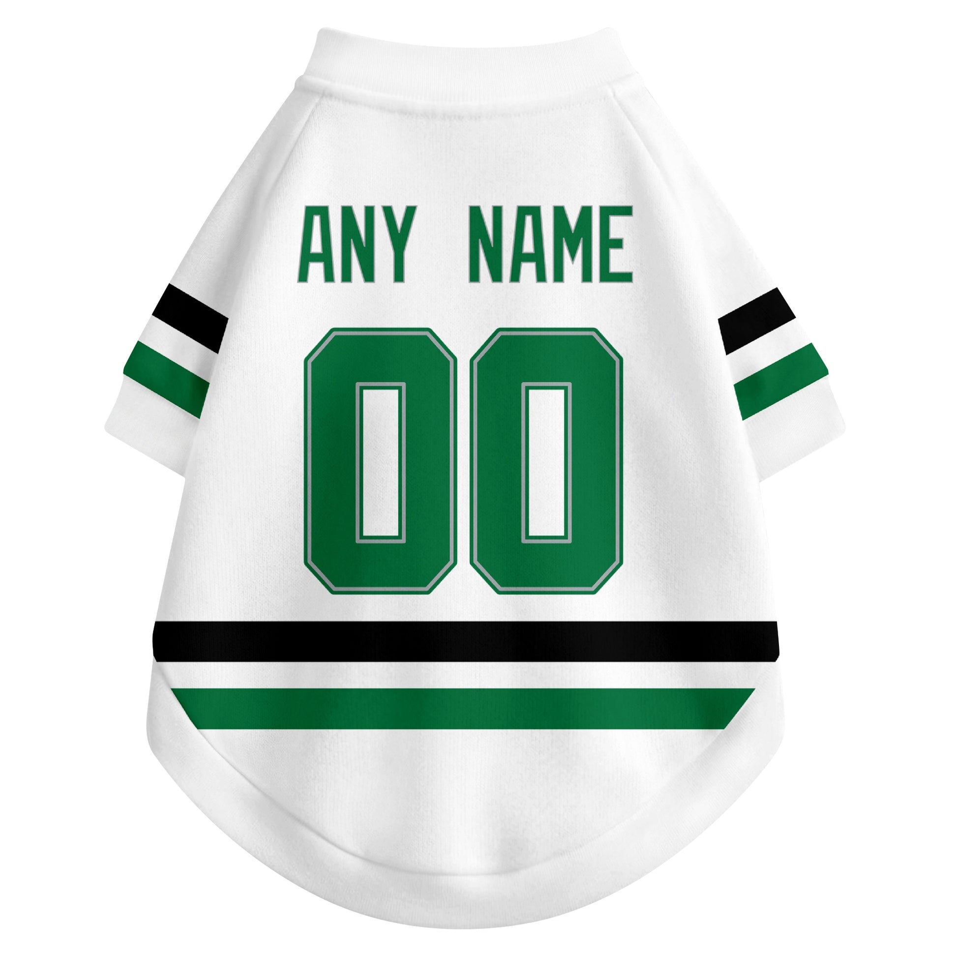 Back view of custom hockey-style dog jersey in White and Green colors with personalized name and number