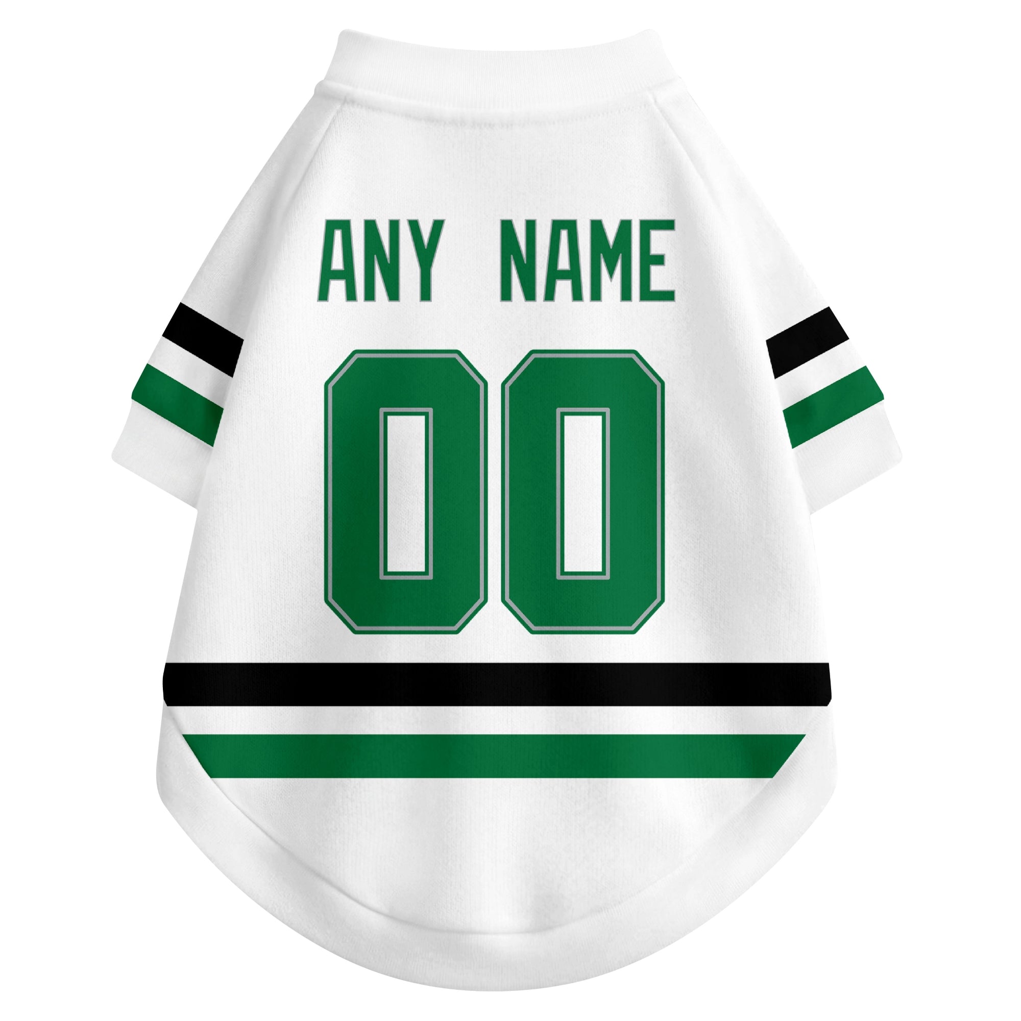 Back view of custom hockey-style dog jersey in White and Green colors with personalized name and number
