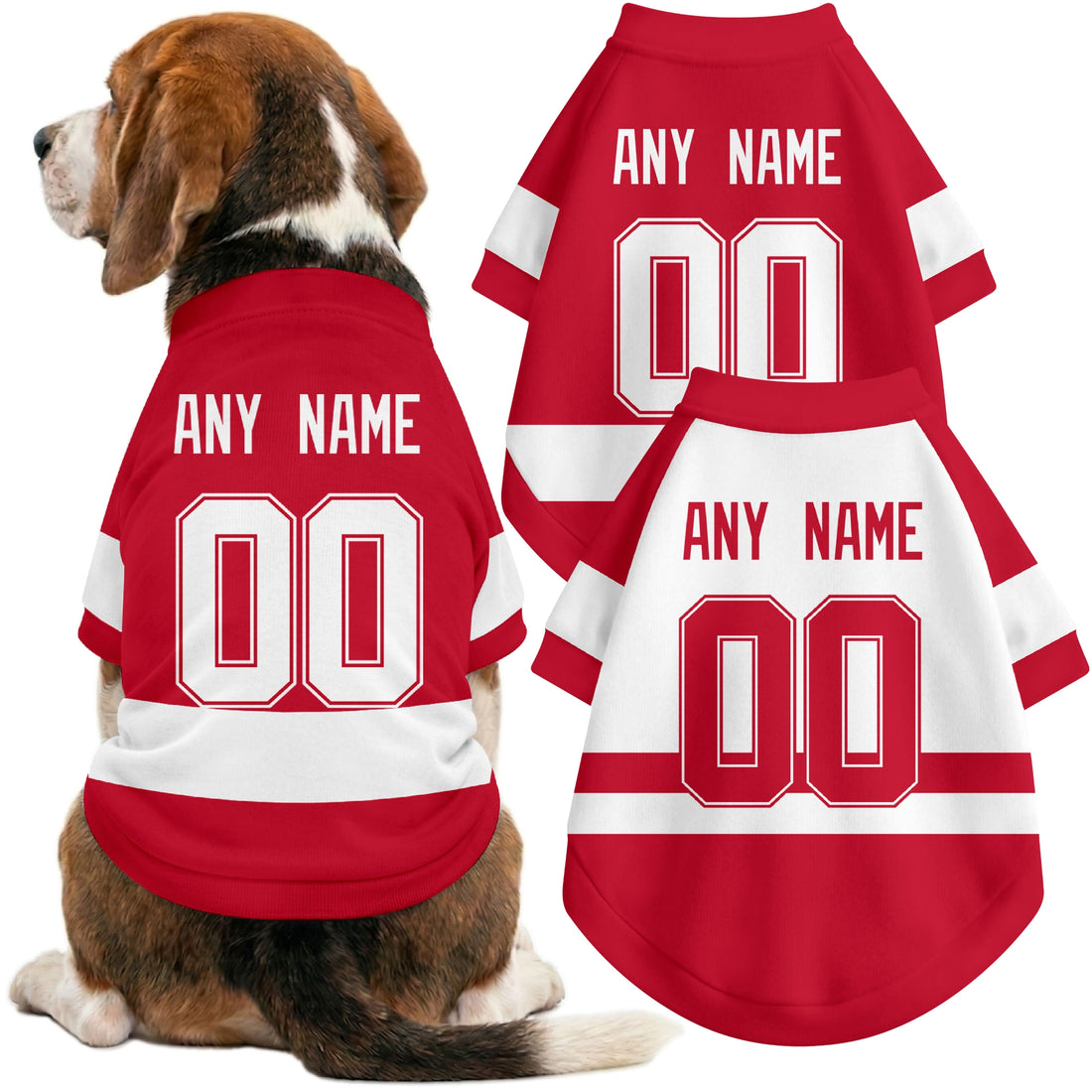 Dog wearing custom hockey-style jersey in Red and White colors with personalized name and number