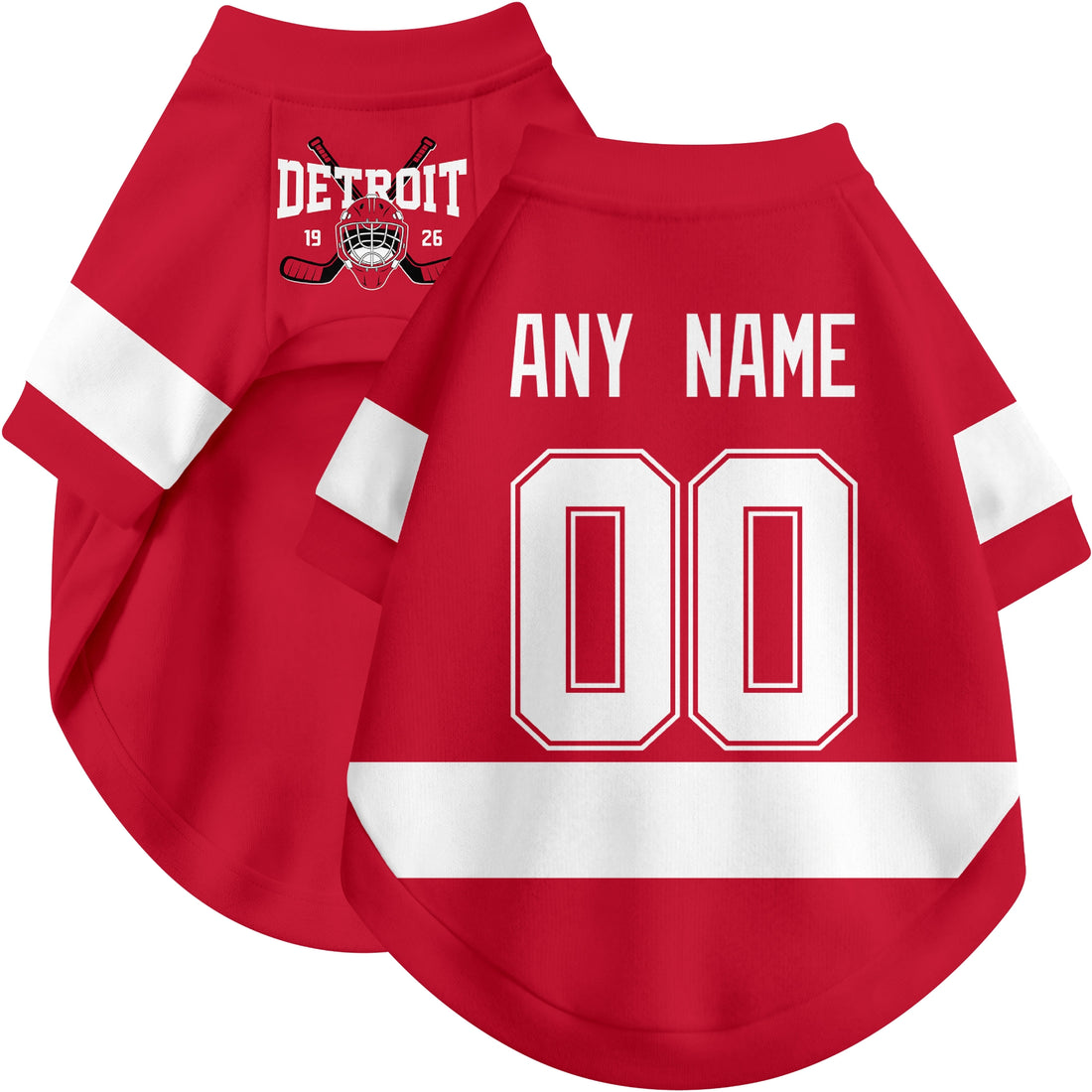 Dog wearing custom hockey-style jersey in Red and White colors with personalized name and number