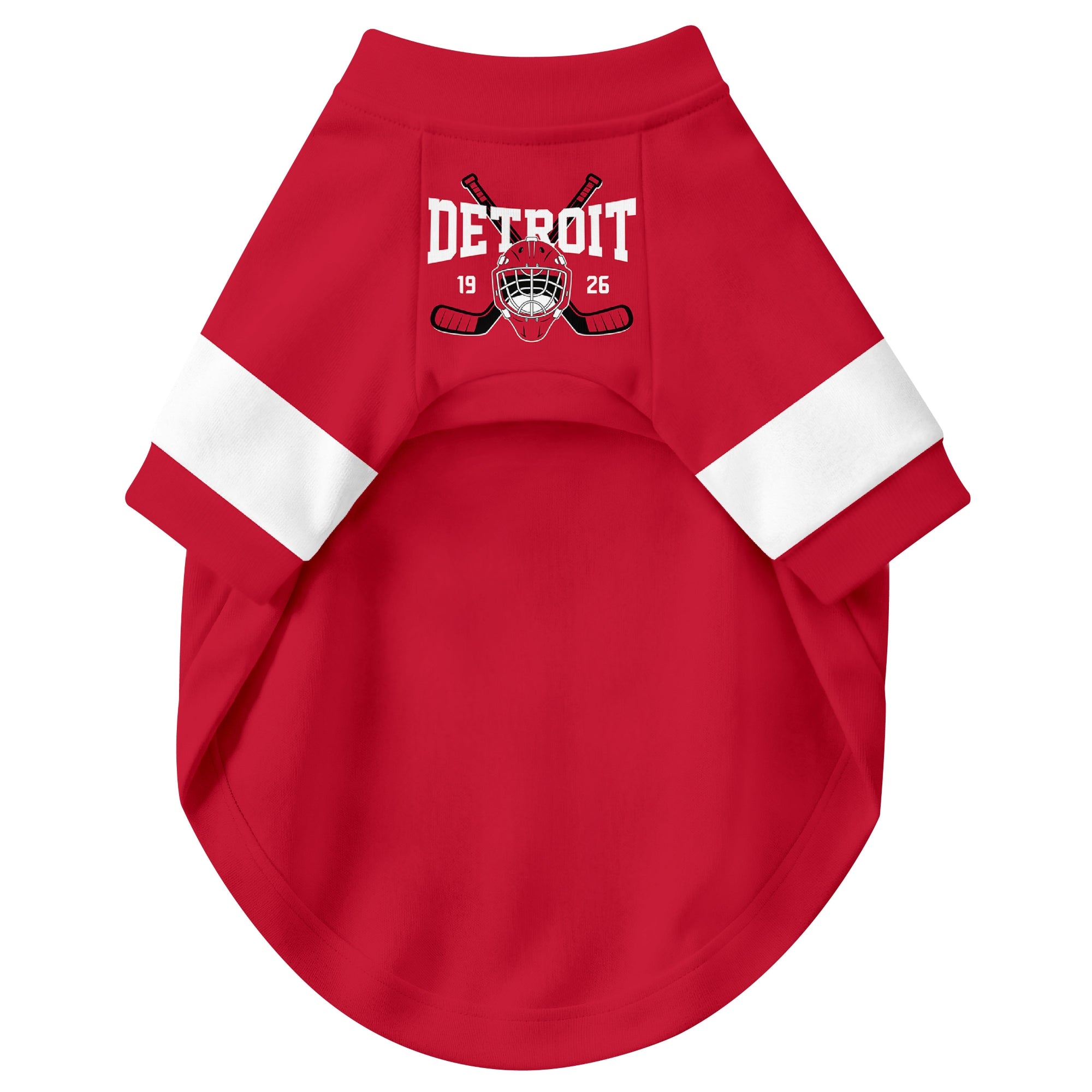 Front view of custom hockey-style dog jersey in Red and White colors