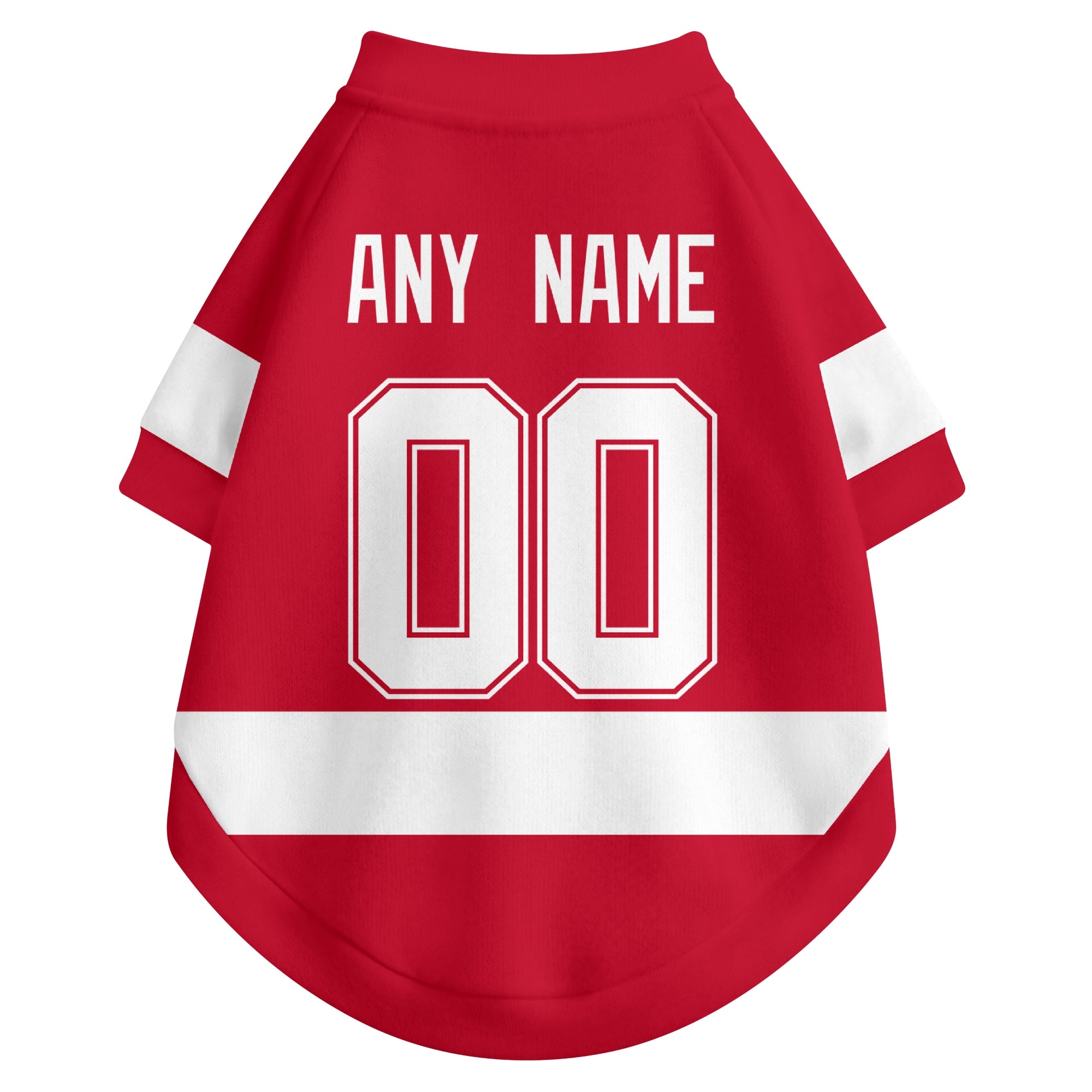 Back view of custom hockey-style dog jersey in Red and White colors with personalized name and number