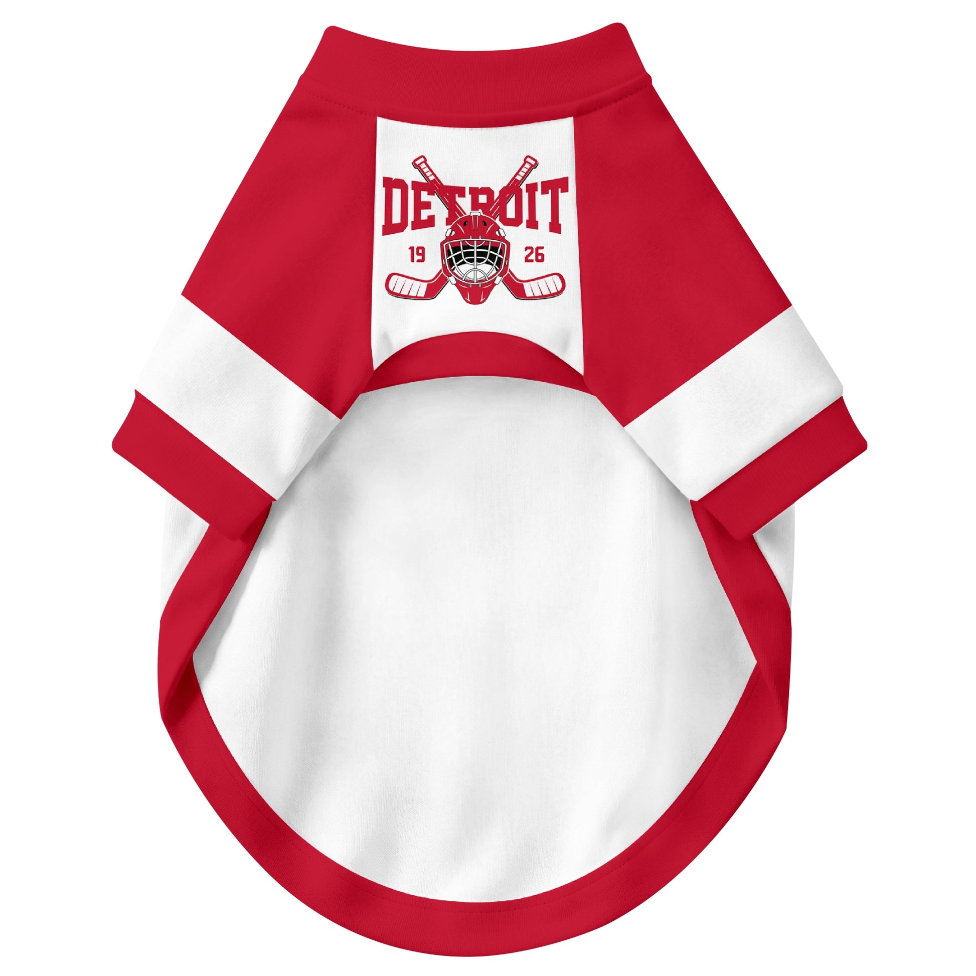 Front view of custom hockey-style dog jersey in White and Red colors