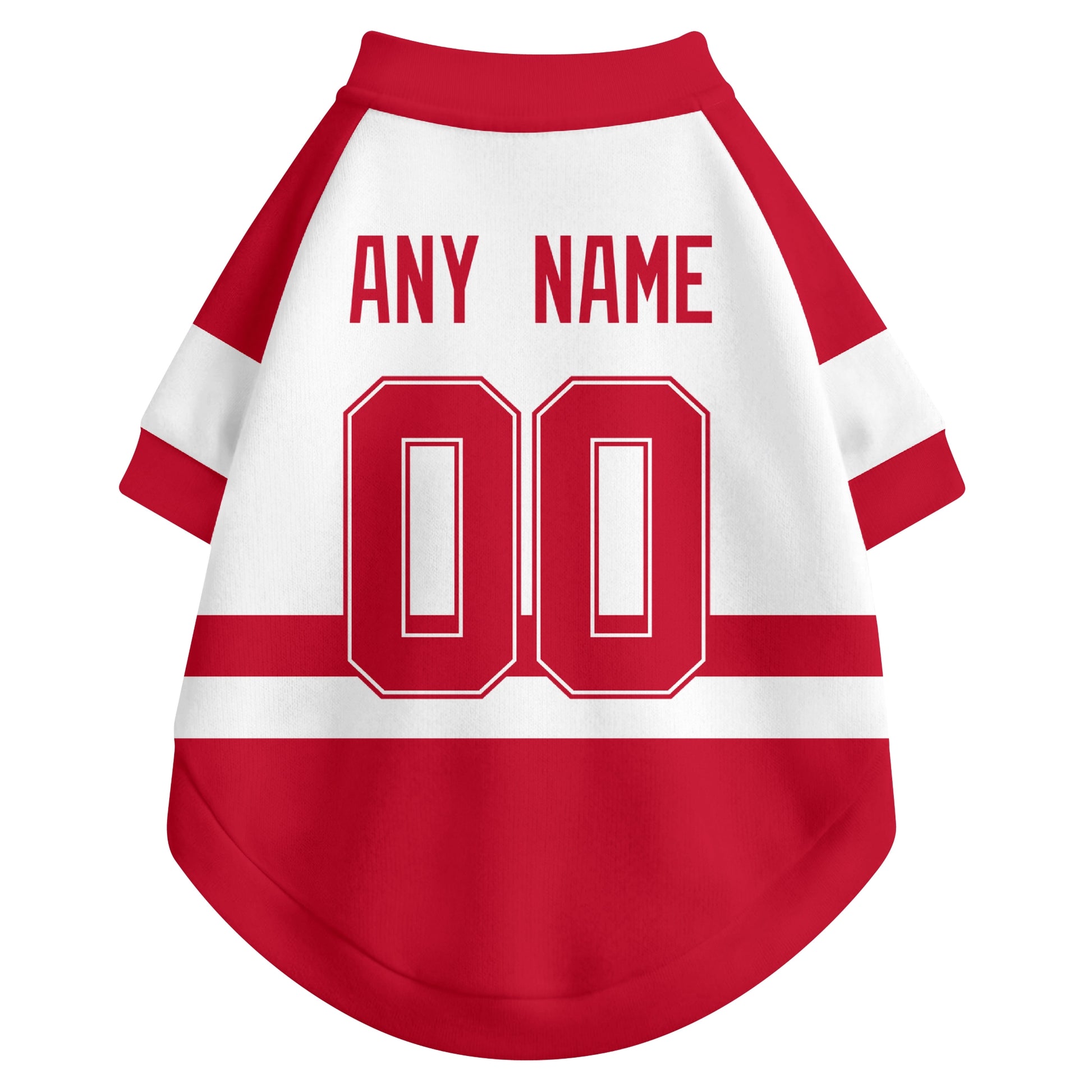 Back view of custom hockey-style dog jersey in White and Red colors with personalized name and number