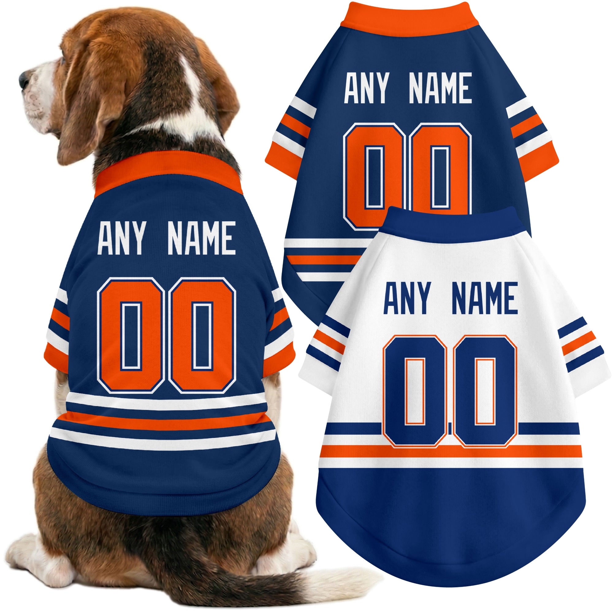 Dog wearing custom hockey-style jersey in Royal and White colors with personalized name and number