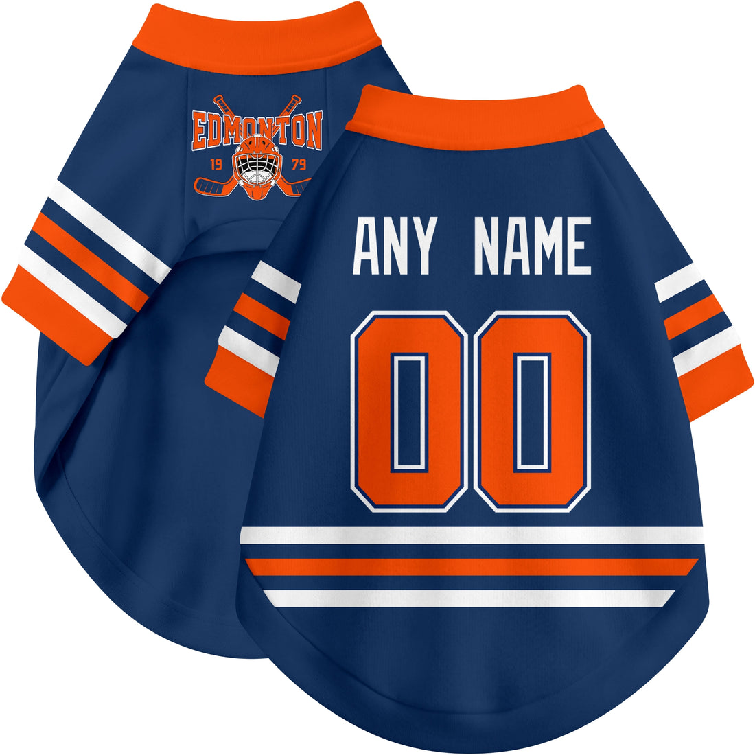 Dog wearing custom hockey-style jersey in Royal and White colors with personalized name and number