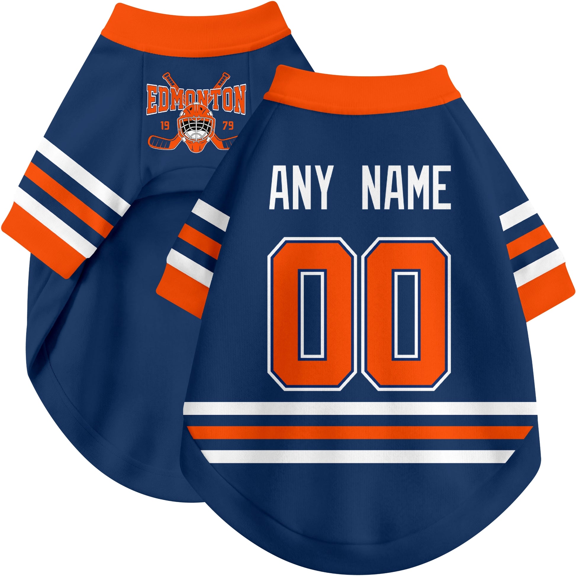 Custom hockey-style dog jersey color option 1 in Royal and White