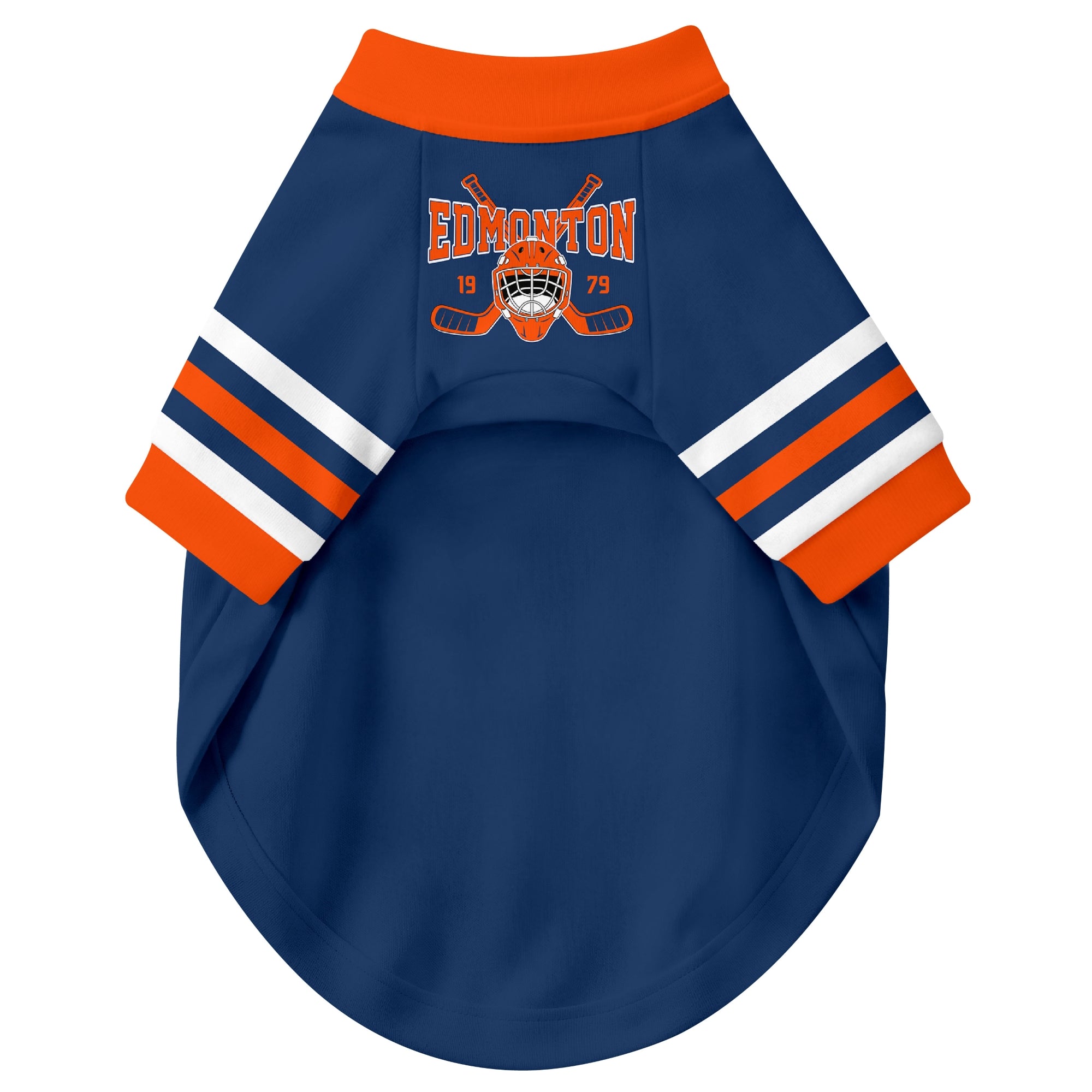 Front view of custom hockey-style dog jersey in Royal and White colors