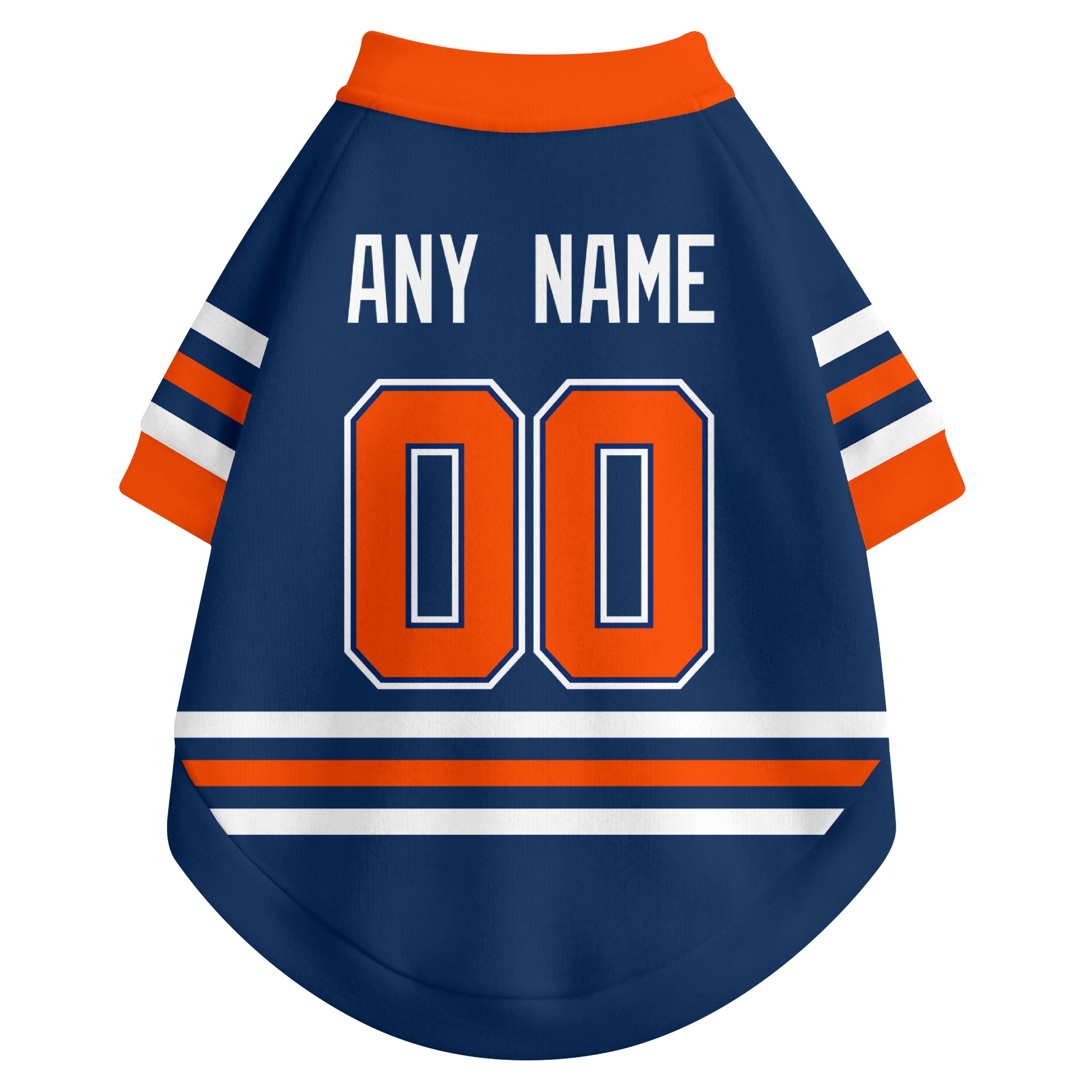 Back view of custom hockey-style dog jersey in Royal and White colors with personalized name and number