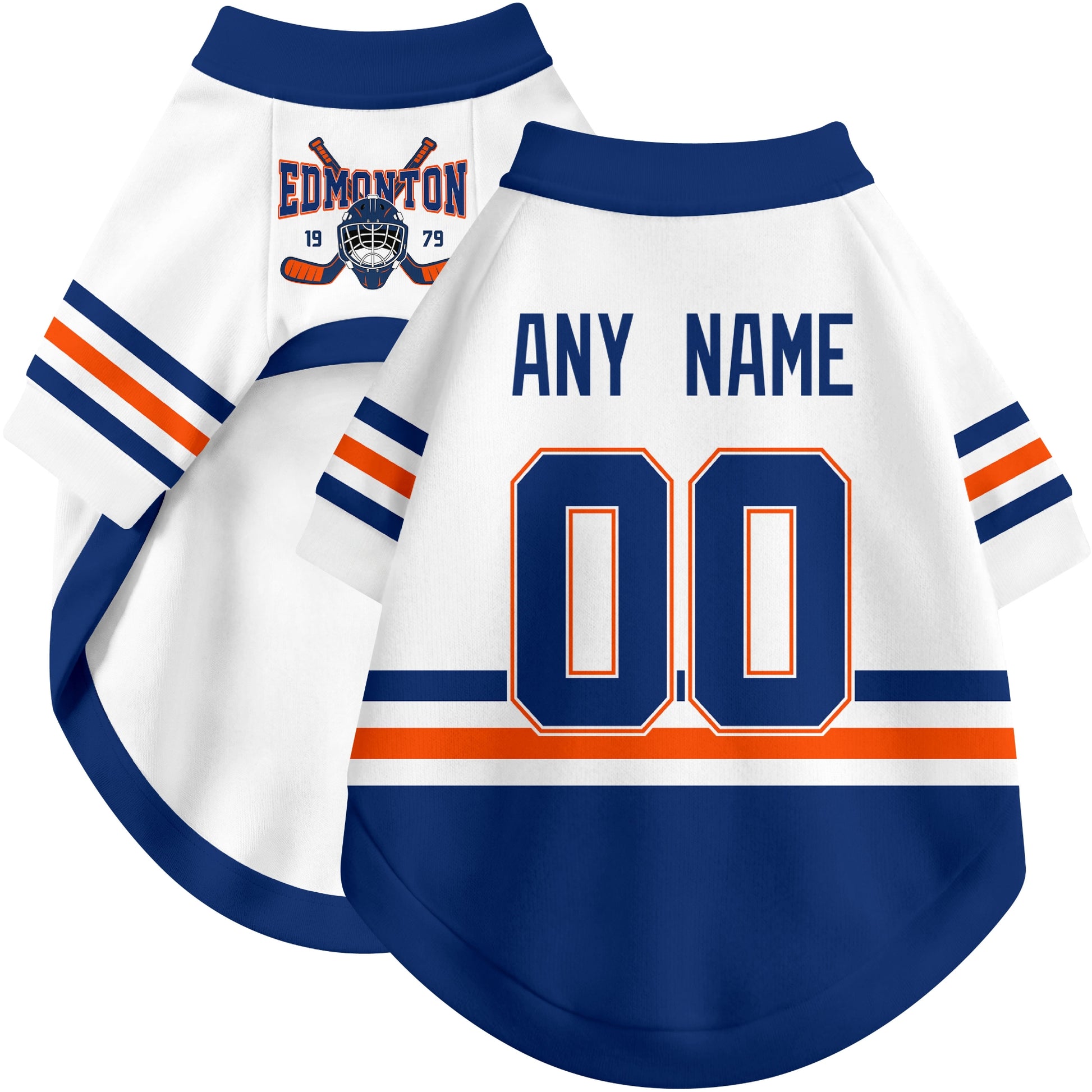 Custom hockey-style dog jersey color option 2 in White and Royal