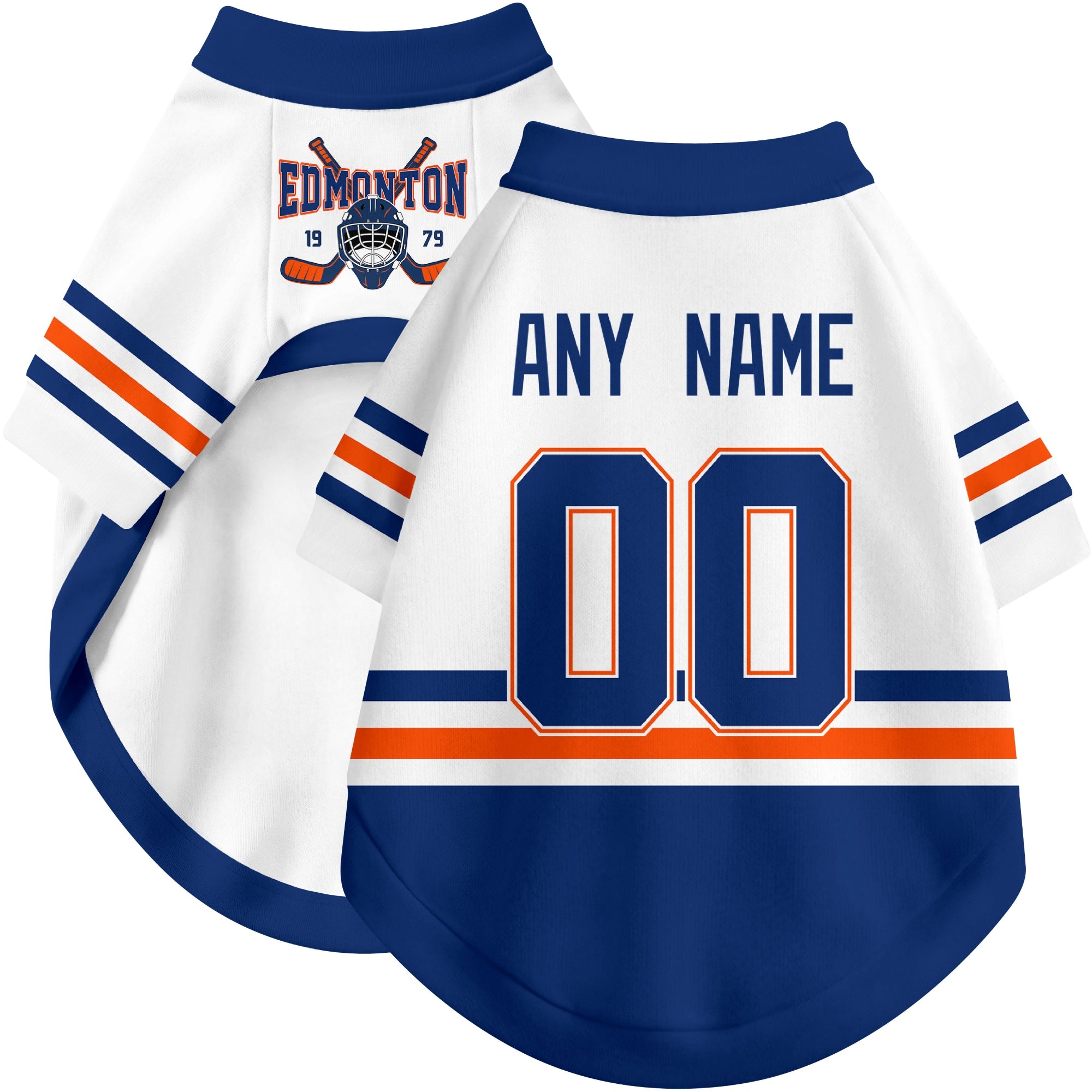 Custom hockey-style dog jersey color option 2 in White and Royal