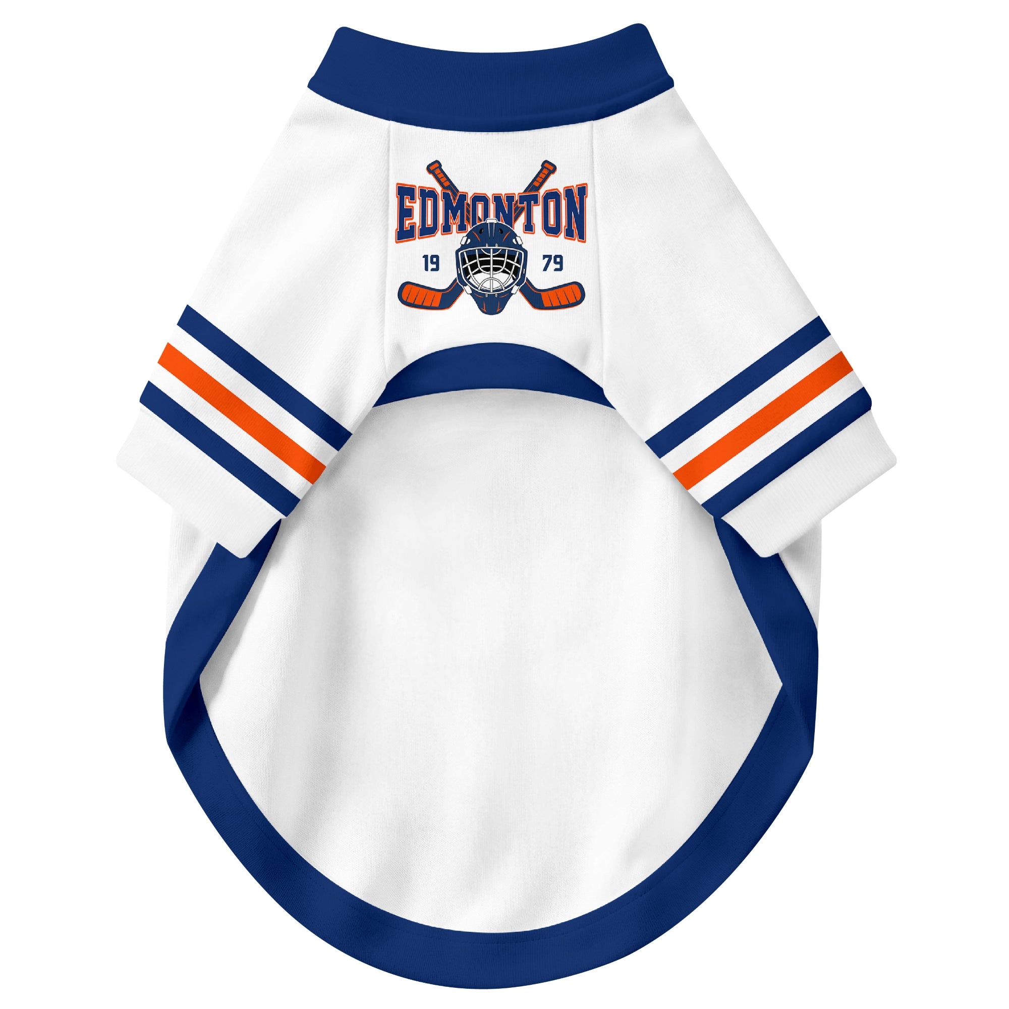Front view of custom hockey-style dog jersey in White and Royal colors