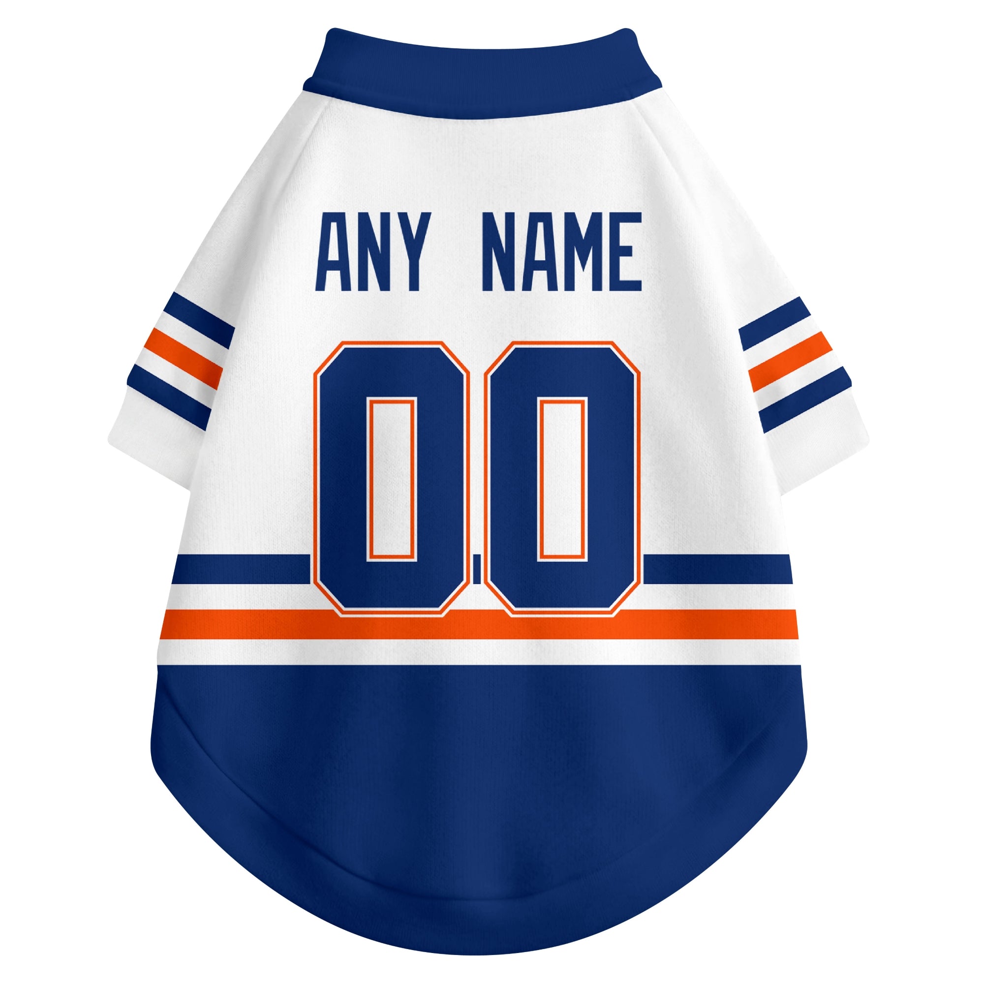 Back view of custom hockey-style dog jersey in White and Royal colors with personalized name and number