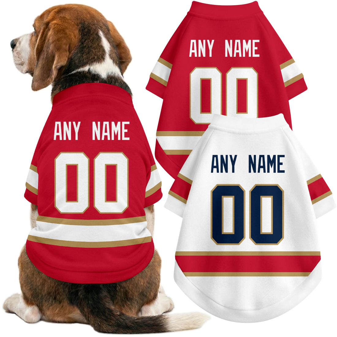 Dog wearing custom hockey-style jersey in Red and White colors with personalized name and number
