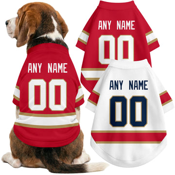 Dog wearing custom hockey-style jersey in Red and White colors with personalized name and number