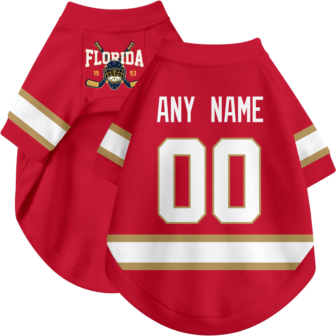 Dog wearing custom hockey-style jersey in Red and White colors with personalized name and number