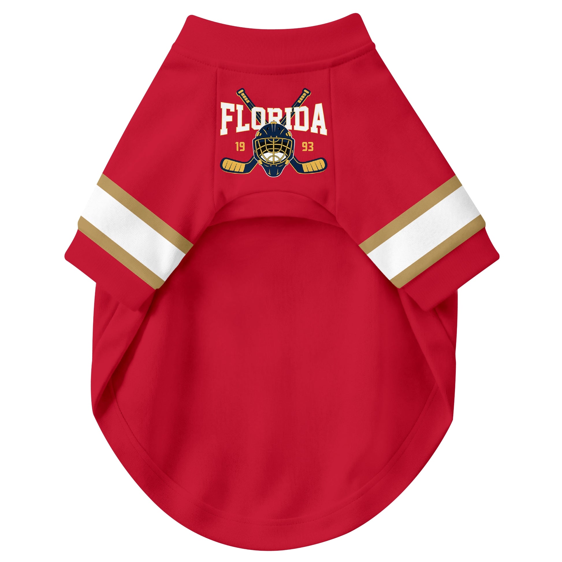 Front view of custom hockey-style dog jersey in Red and White colors