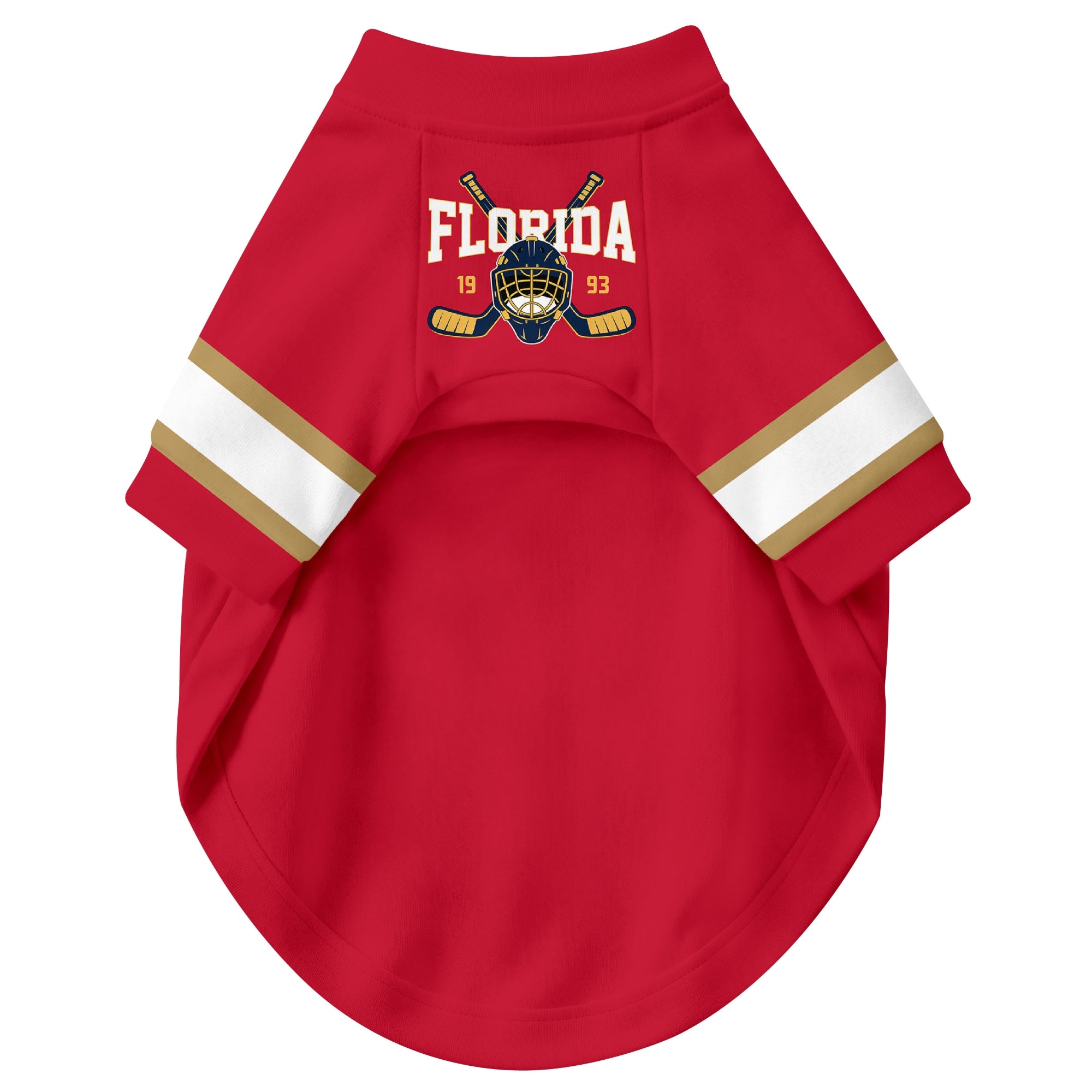 Front view of custom hockey-style dog jersey in Red and White colors