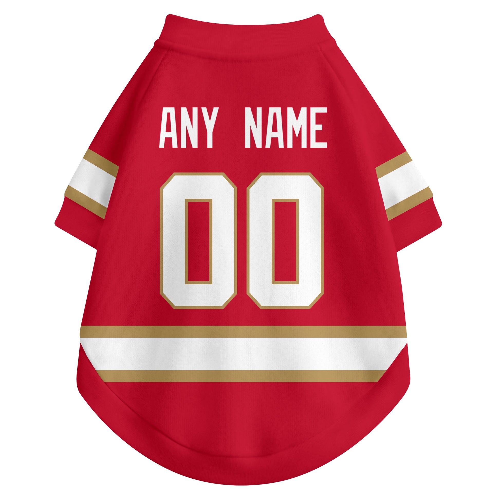 Back view of custom hockey-style dog jersey in Red and White colors with personalized name and number