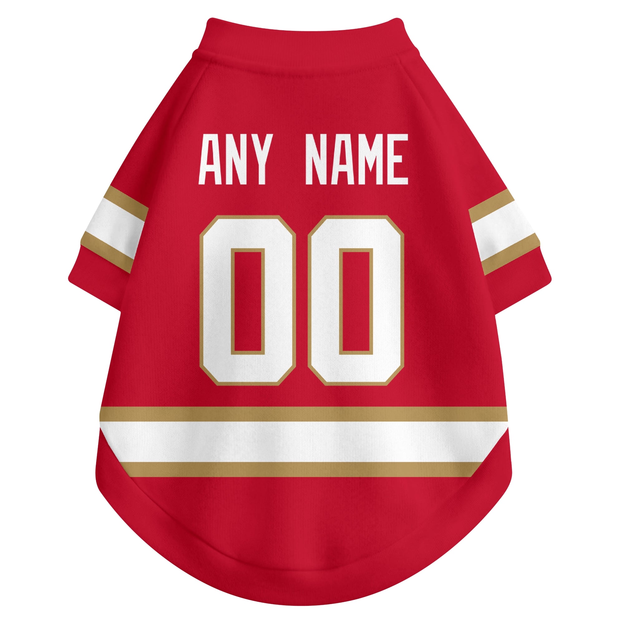 Back view of custom hockey-style dog jersey in Red and White colors with personalized name and number