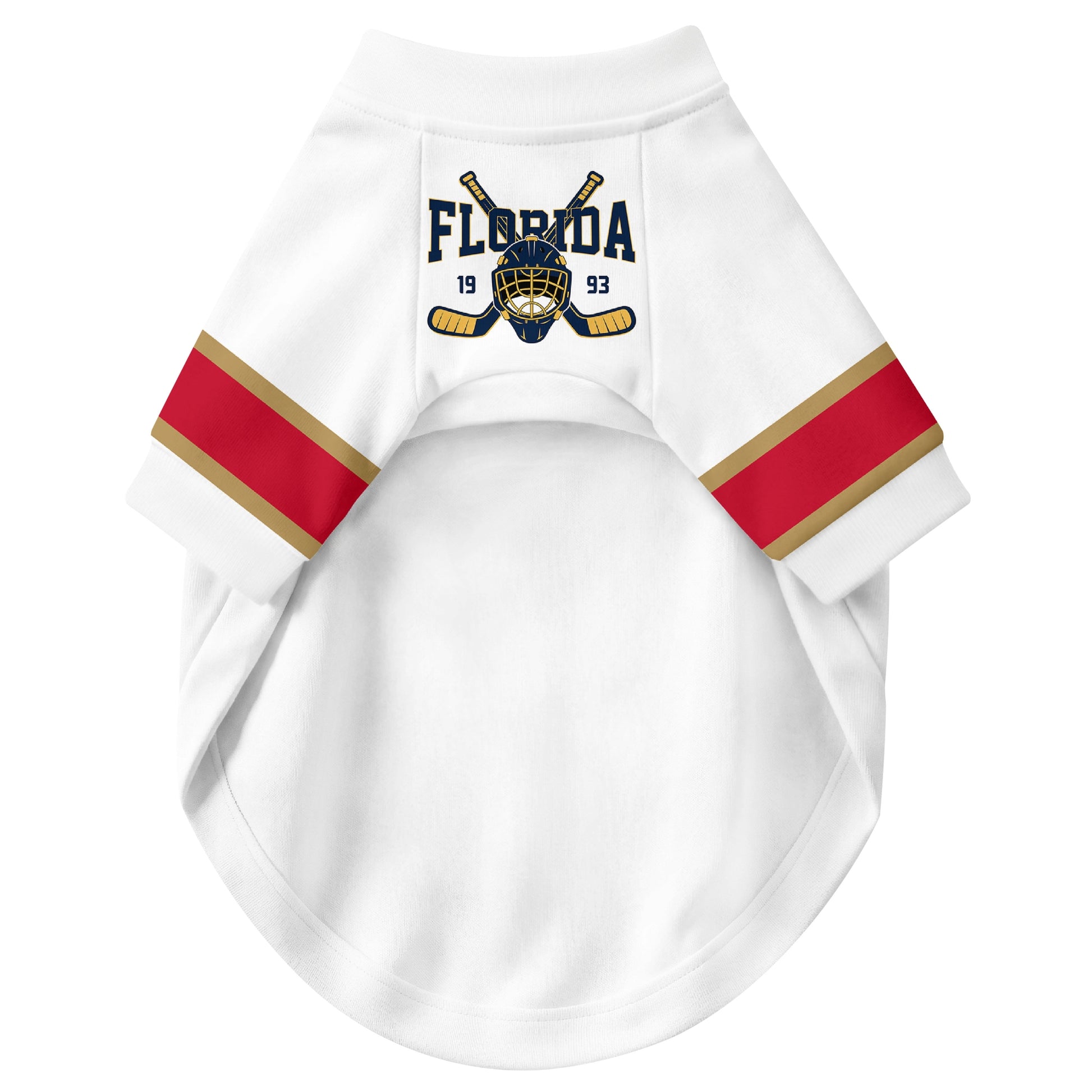 Front view of custom hockey-style dog jersey in White and Red colors