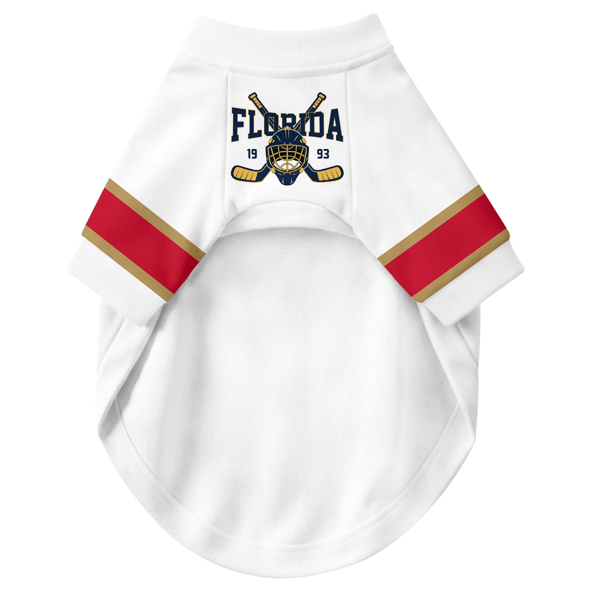 Front view of custom hockey-style dog jersey in White and Red colors