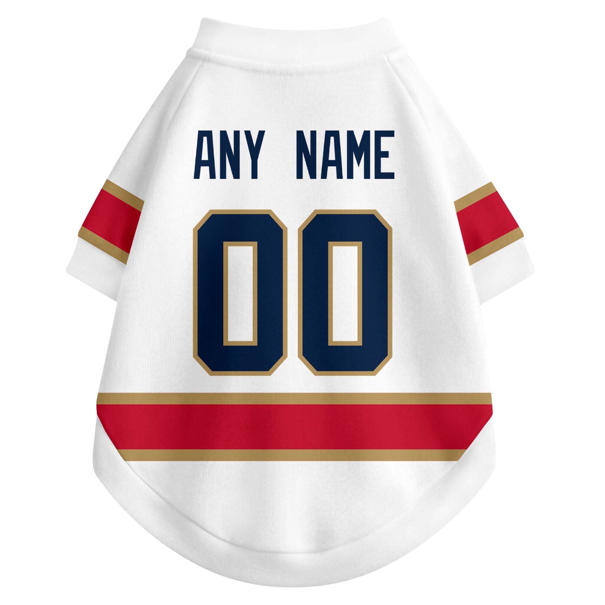 Back view of custom hockey-style dog jersey in White and Red colors with personalized name and number