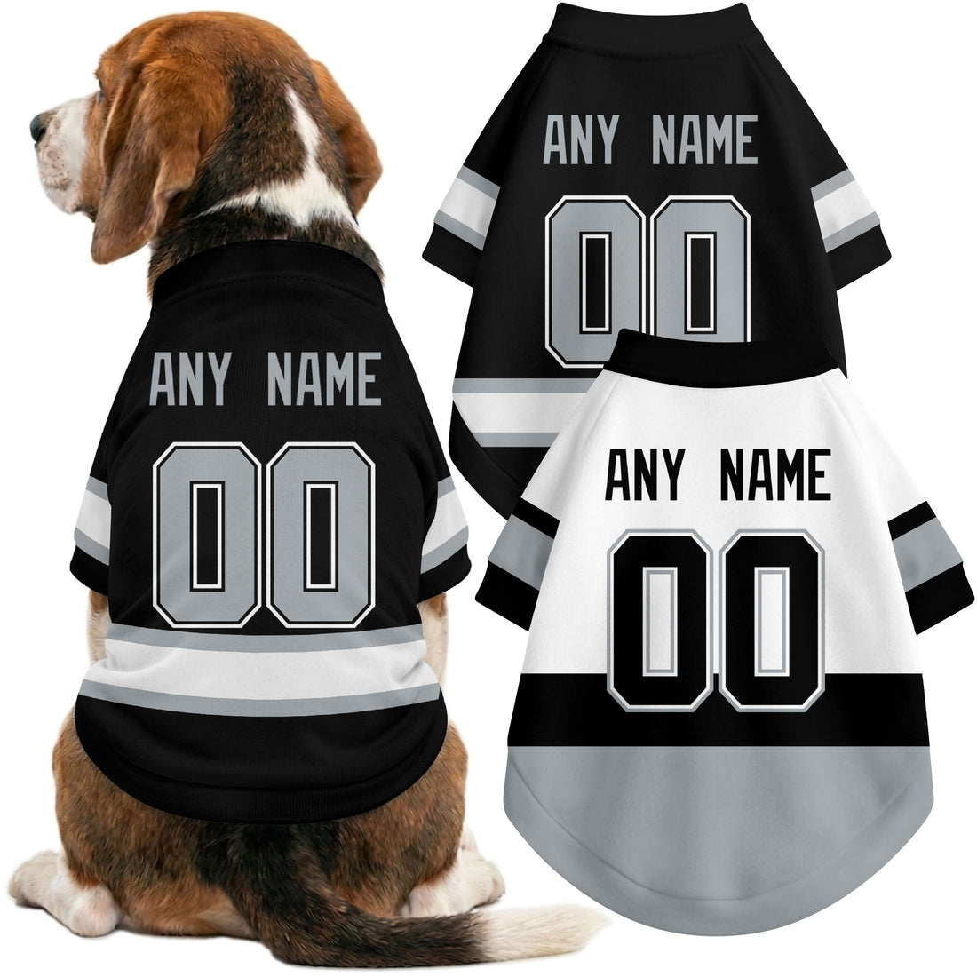 Dog wearing custom hockey-style jersey in Black and White colors with personalized name and number