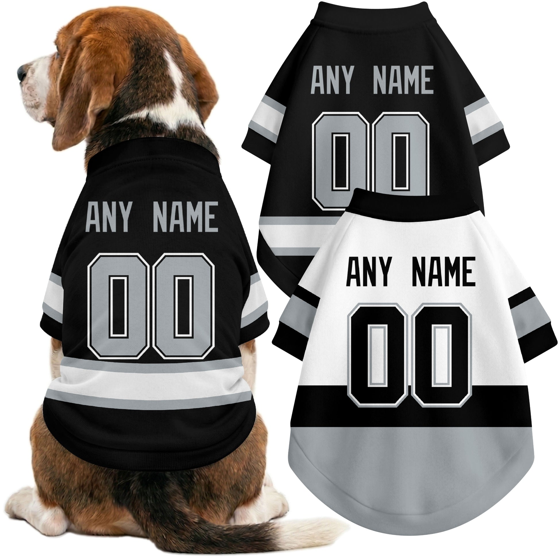 Dog wearing custom hockey-style jersey in Black and White colors with personalized name and number