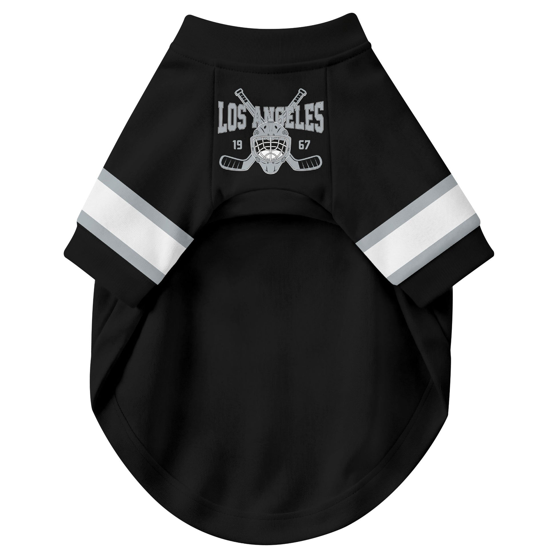 Front view of custom hockey-style dog jersey in Black and White colors