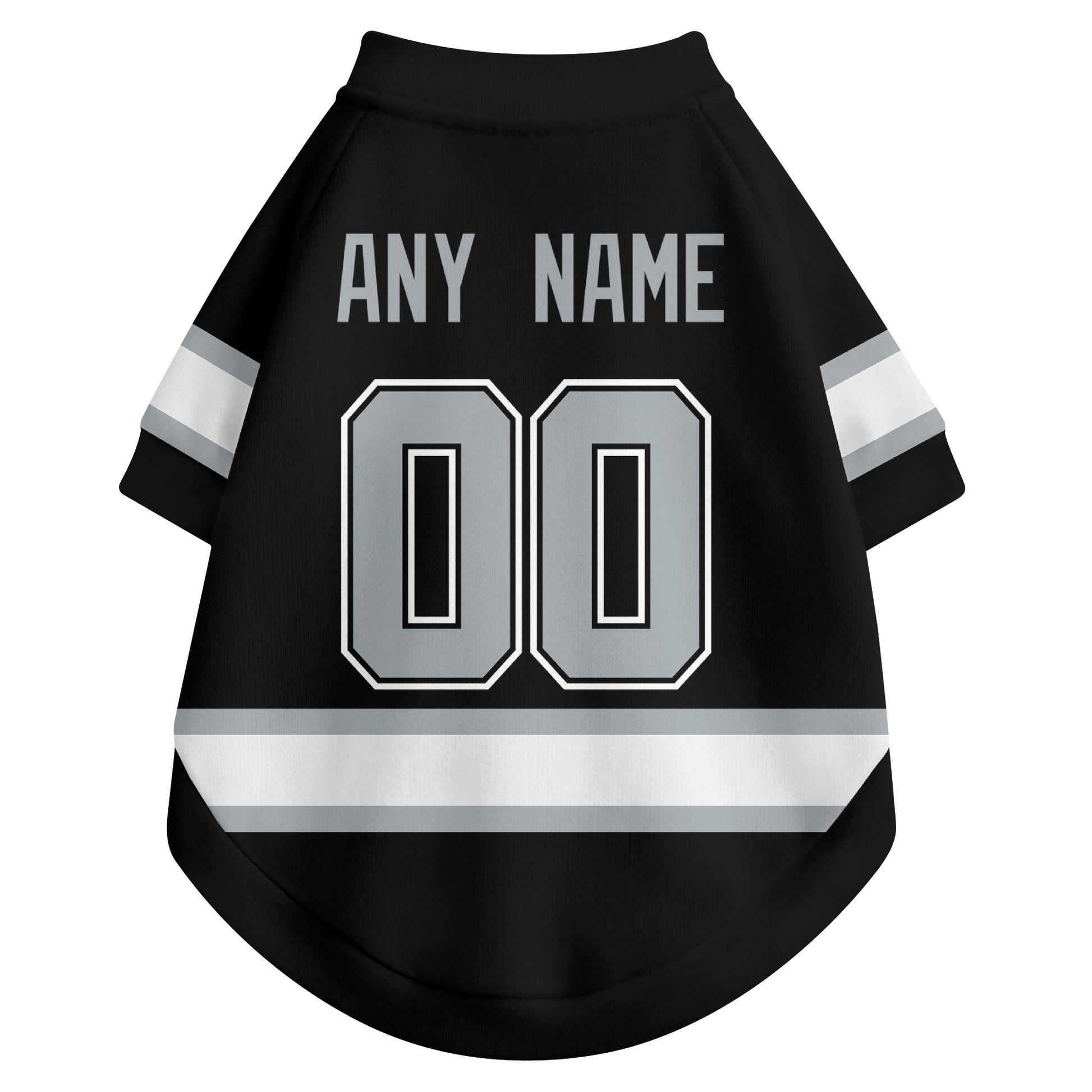 Back view of custom hockey-style dog jersey in Black and White colors with personalized name and number