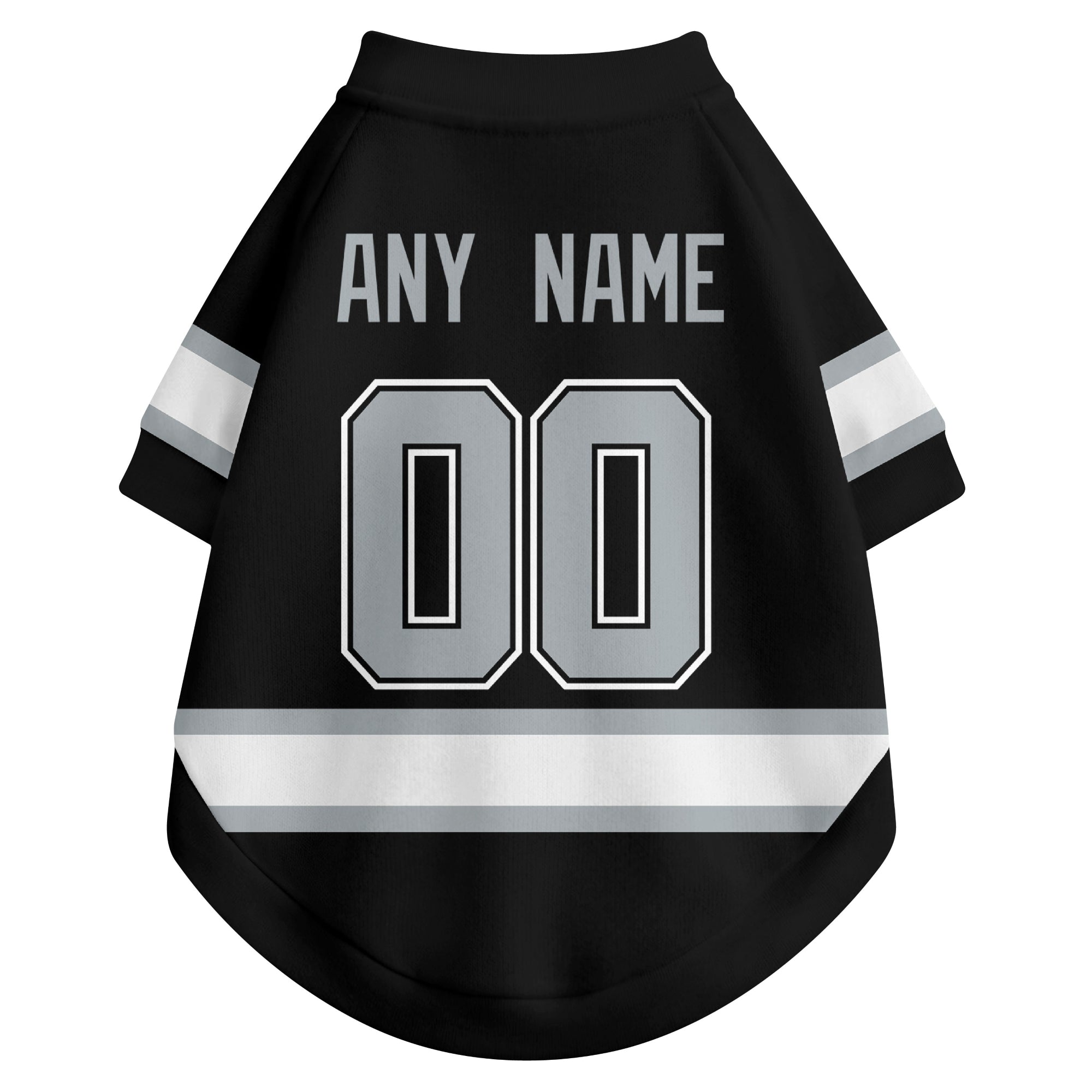 Back view of custom hockey-style dog jersey in Black and White colors with personalized name and number