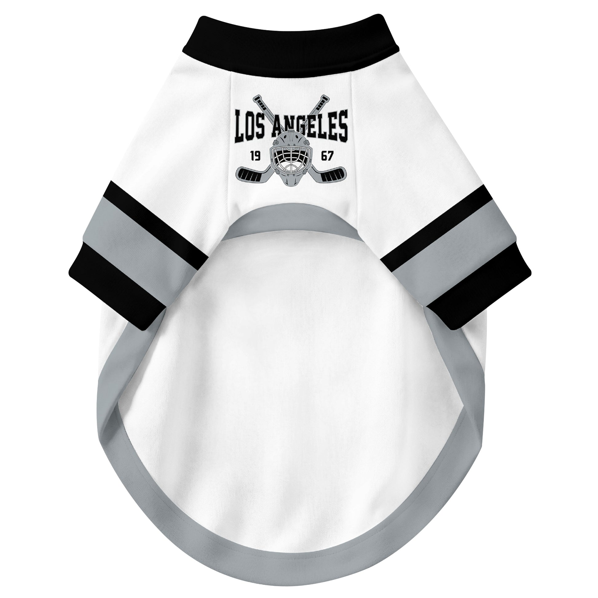 Front view of custom hockey-style dog jersey in White and Black colors