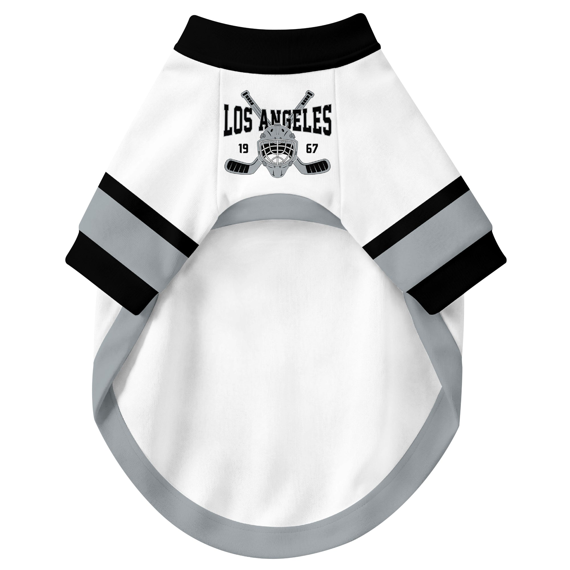 Front view of custom hockey-style dog jersey in White and Black colors
