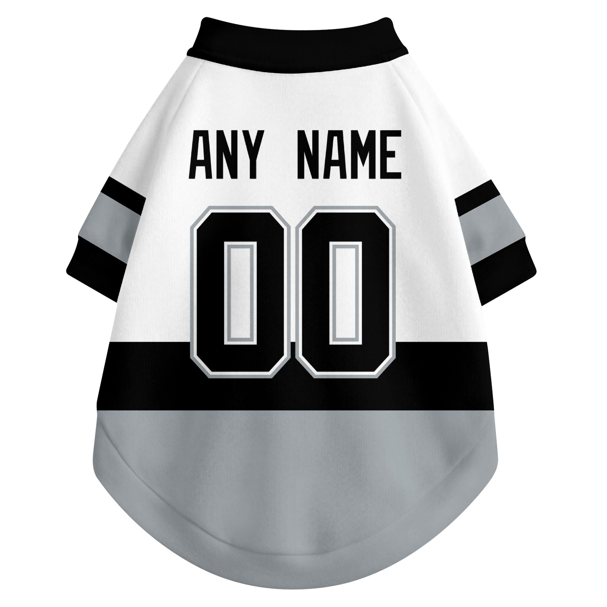Back view of custom hockey-style dog jersey in White and Black colors with personalized name and number