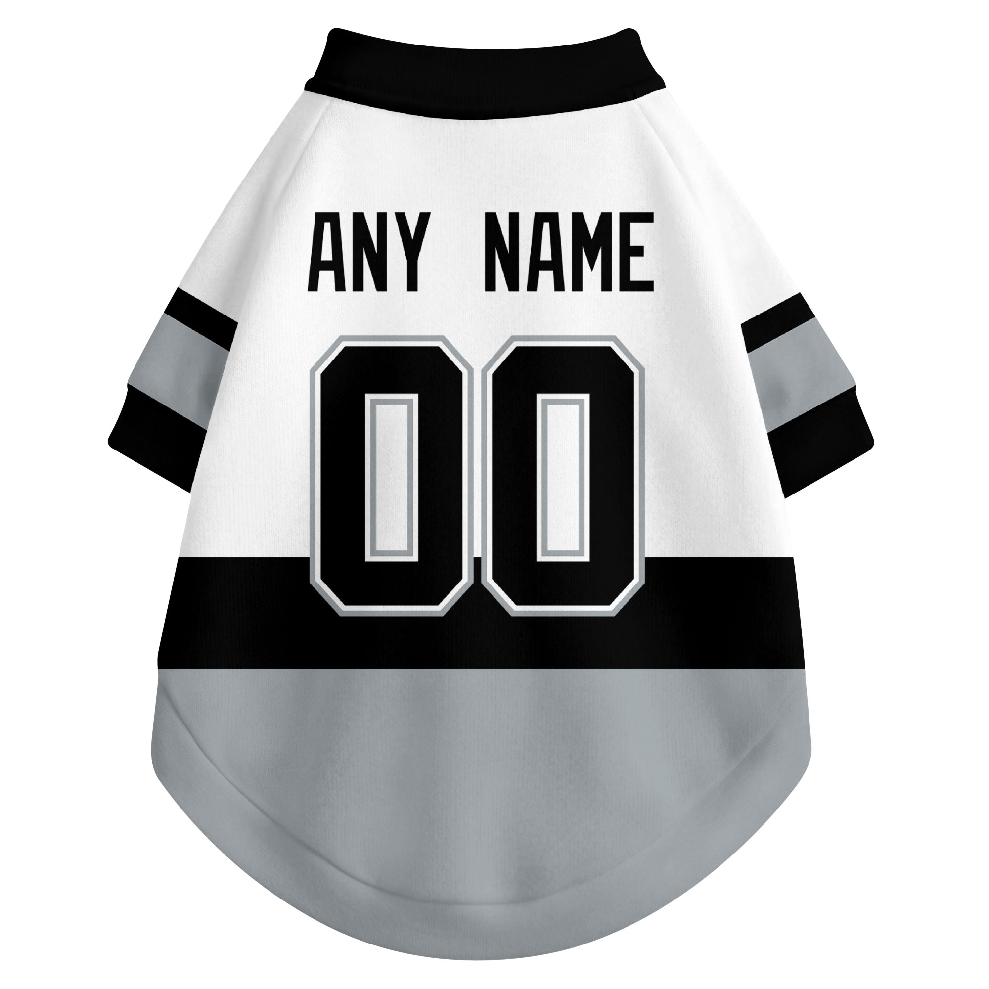 Back view of custom hockey-style dog jersey in White and Black colors with personalized name and number