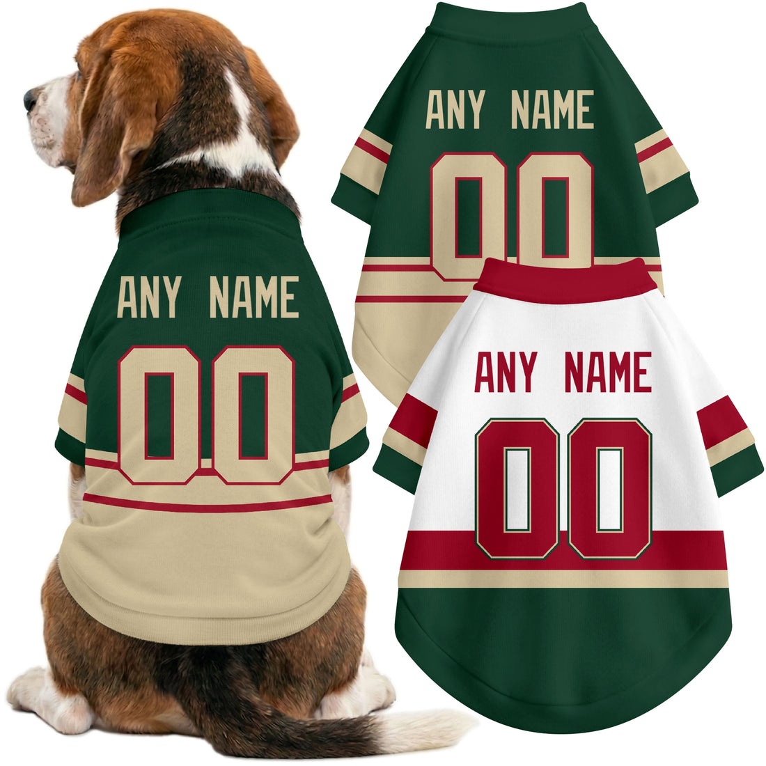 Dog wearing custom hockey-style jersey in Green and White colors with personalized name and number