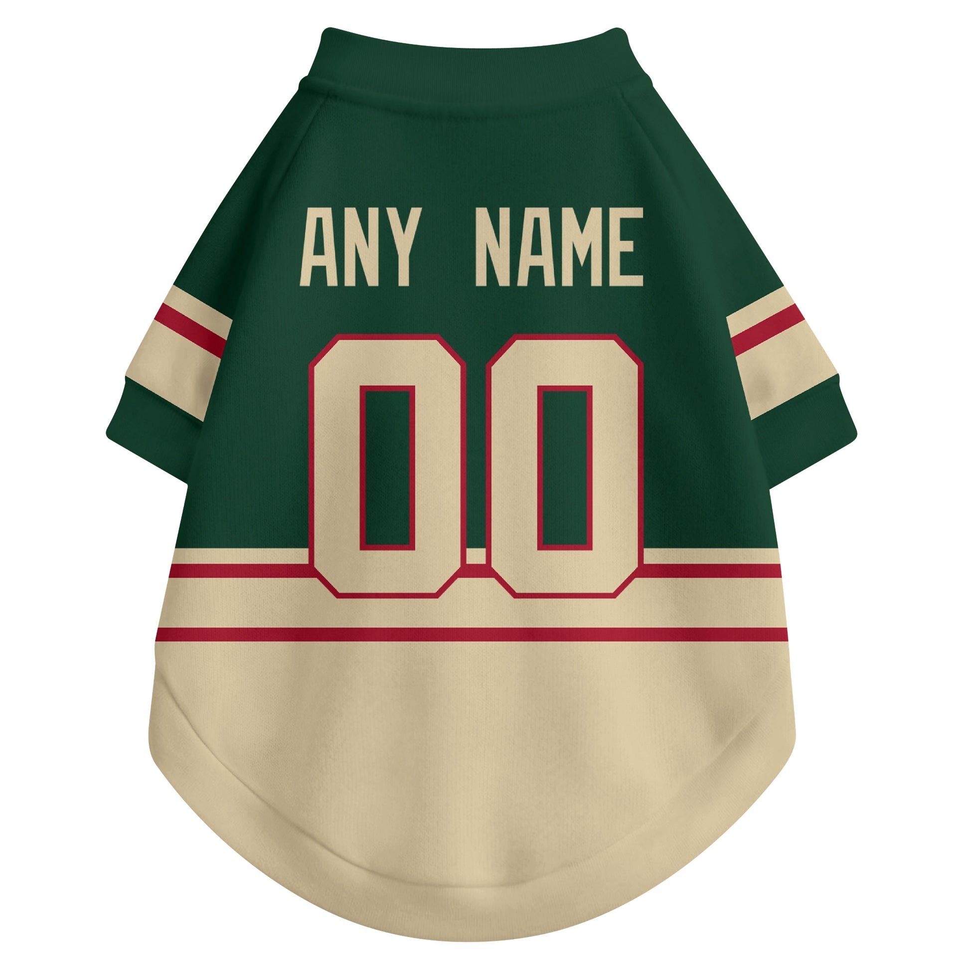 Back view of custom hockey-style dog jersey in Green and White colors with personalized name and number
