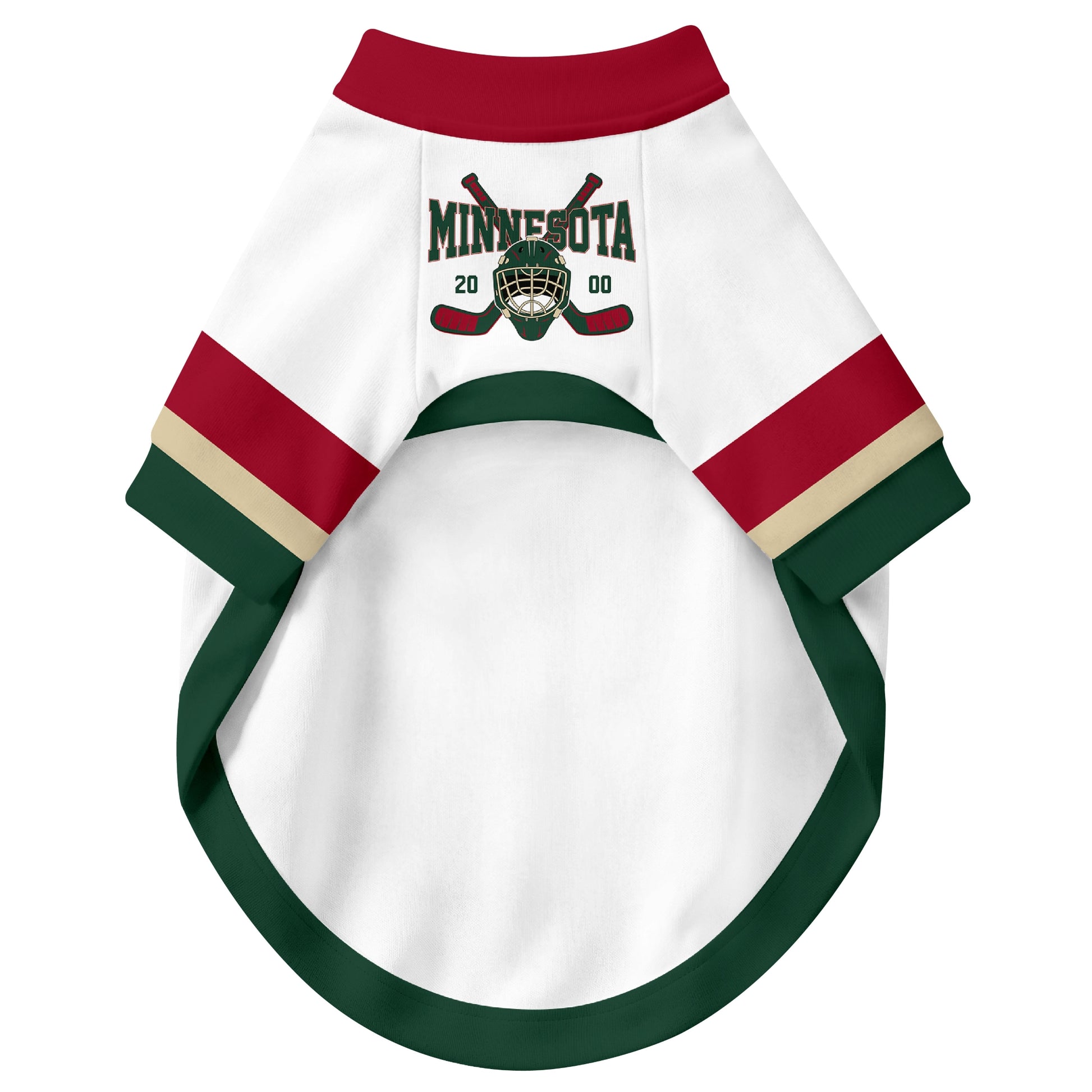 Front view of custom hockey-style dog jersey in White and Green colors