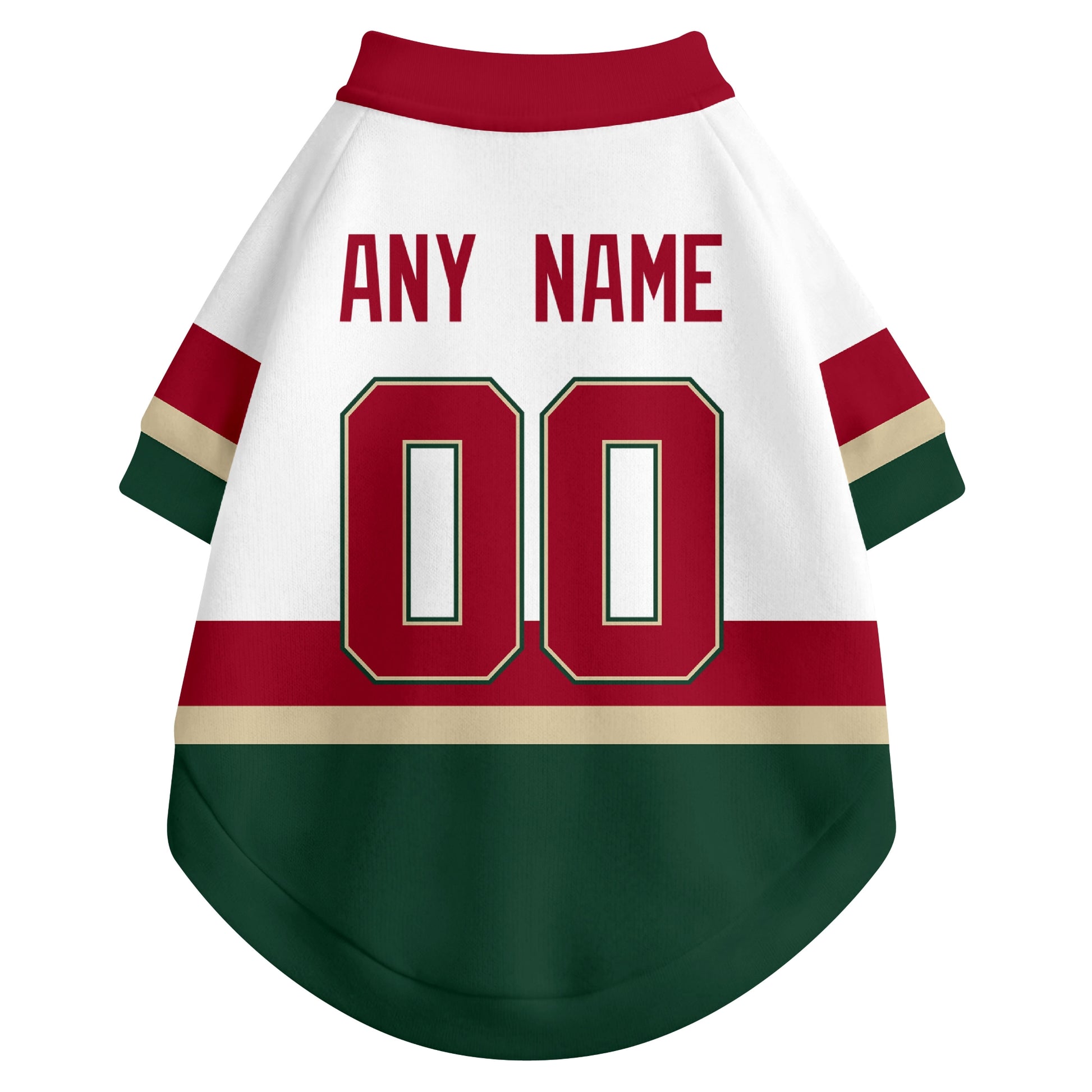 Back view of custom hockey-style dog jersey in White and Green colors with personalized name and number