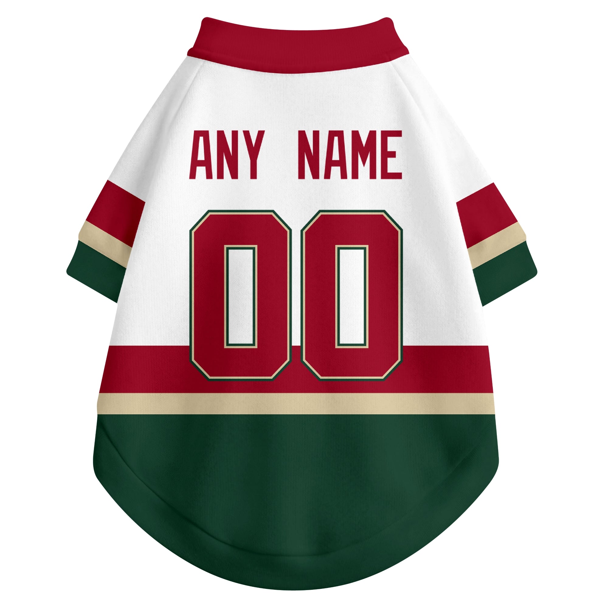 Back view of custom hockey-style dog jersey in White and Green colors with personalized name and number