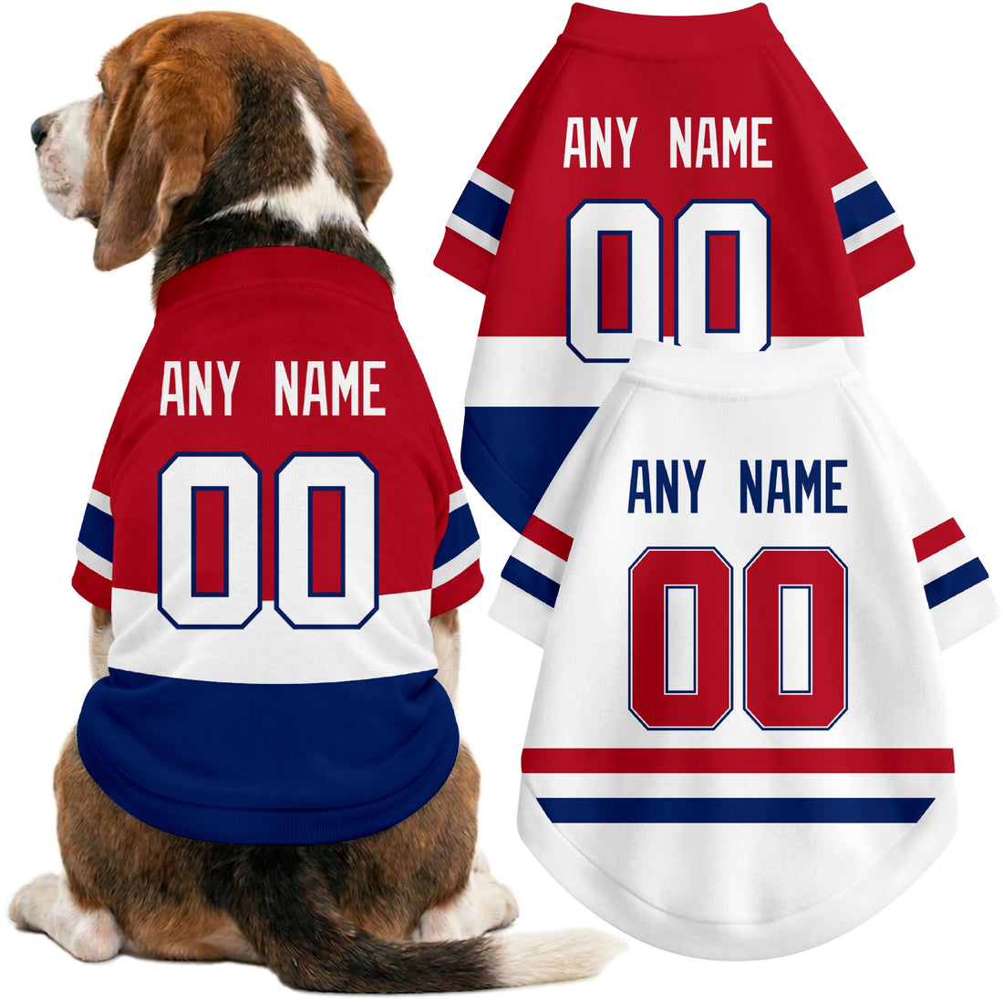 Dog wearing custom hockey-style jersey in Red and White colors with personalized name and number