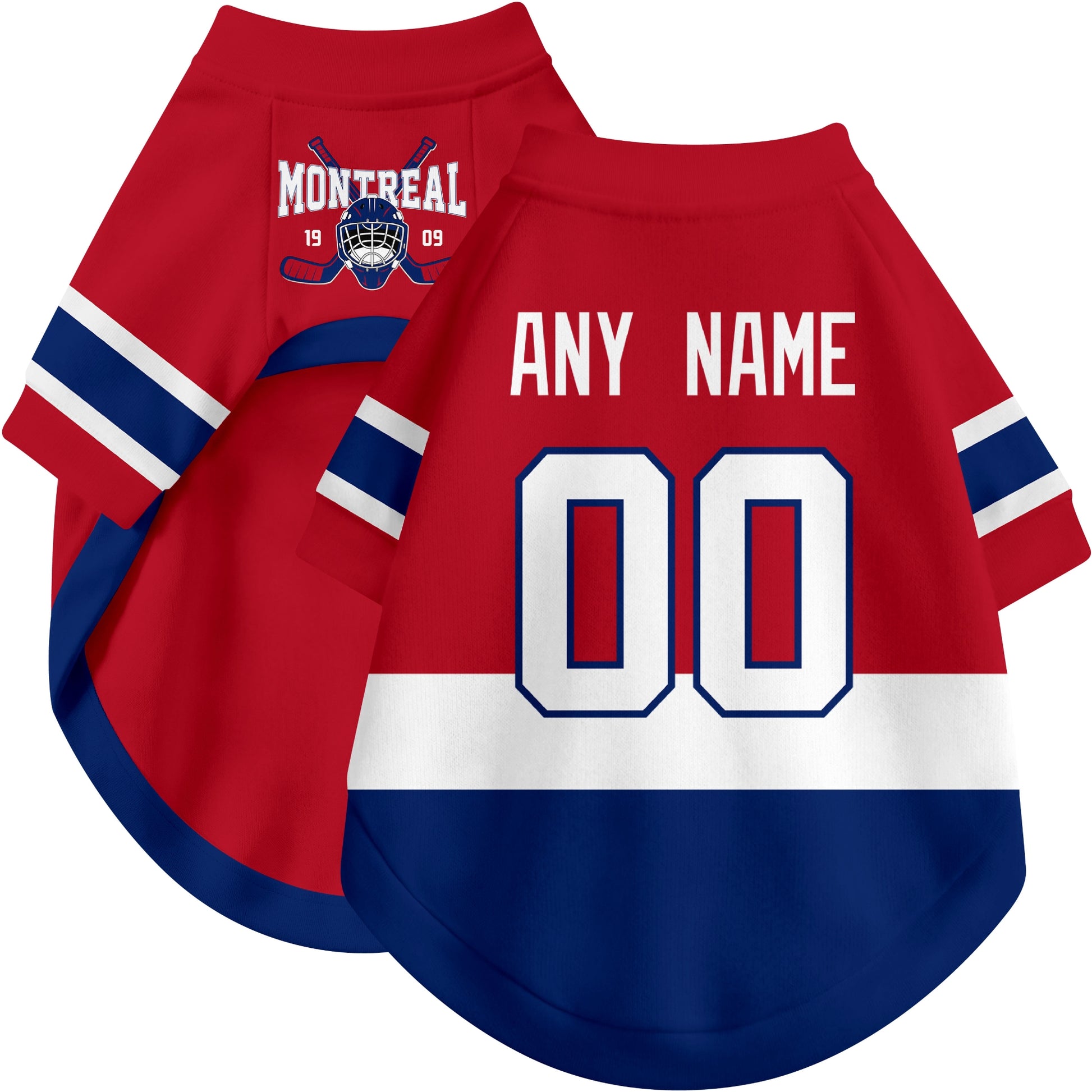 Custom hockey-style dog jersey color option 1 in Red and White