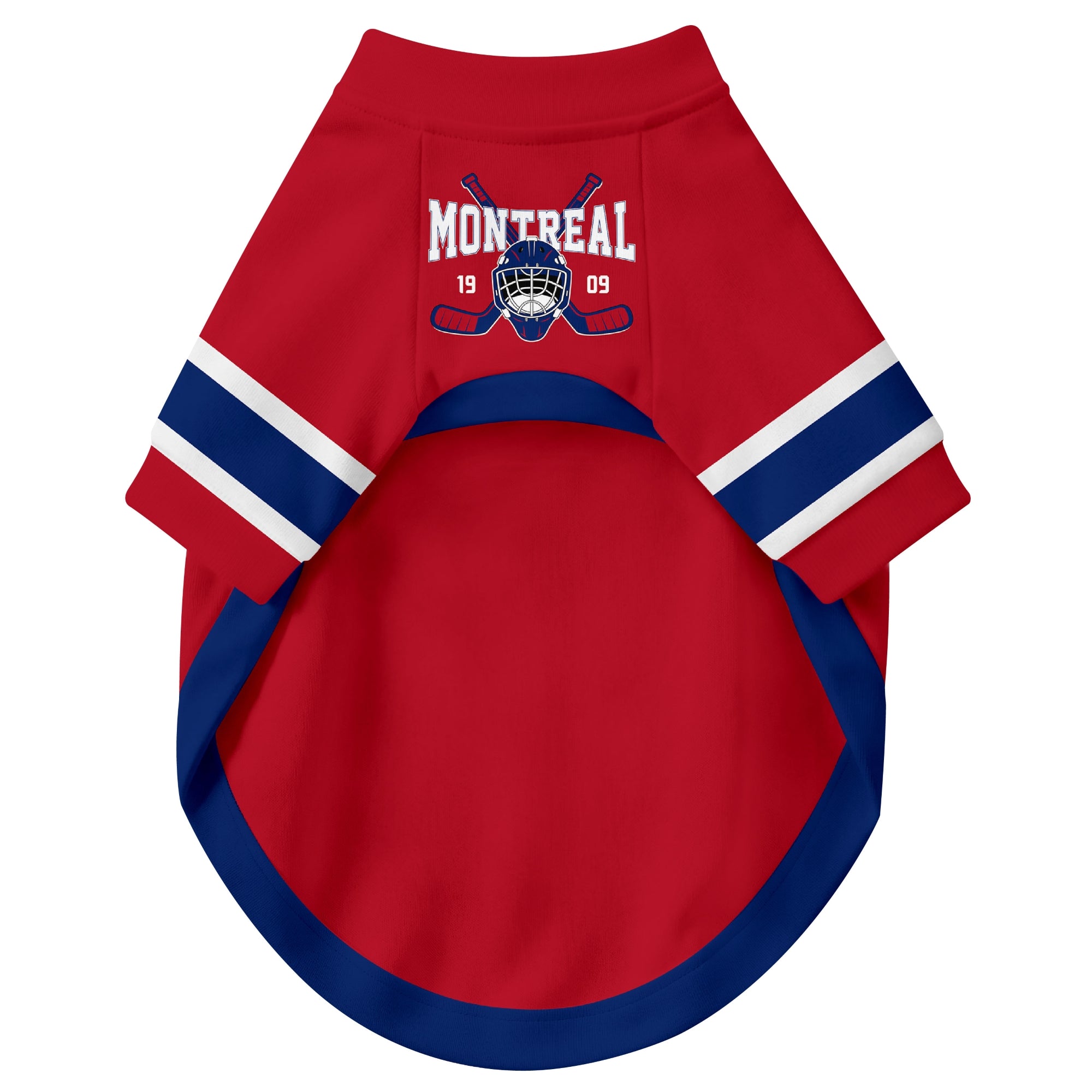 Front view of custom hockey-style dog jersey in Red and White colors