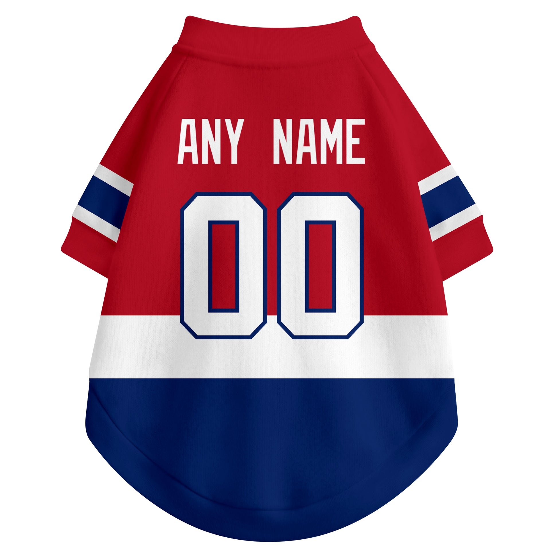 Back view of custom hockey-style dog jersey in Red and White colors with personalized name and number