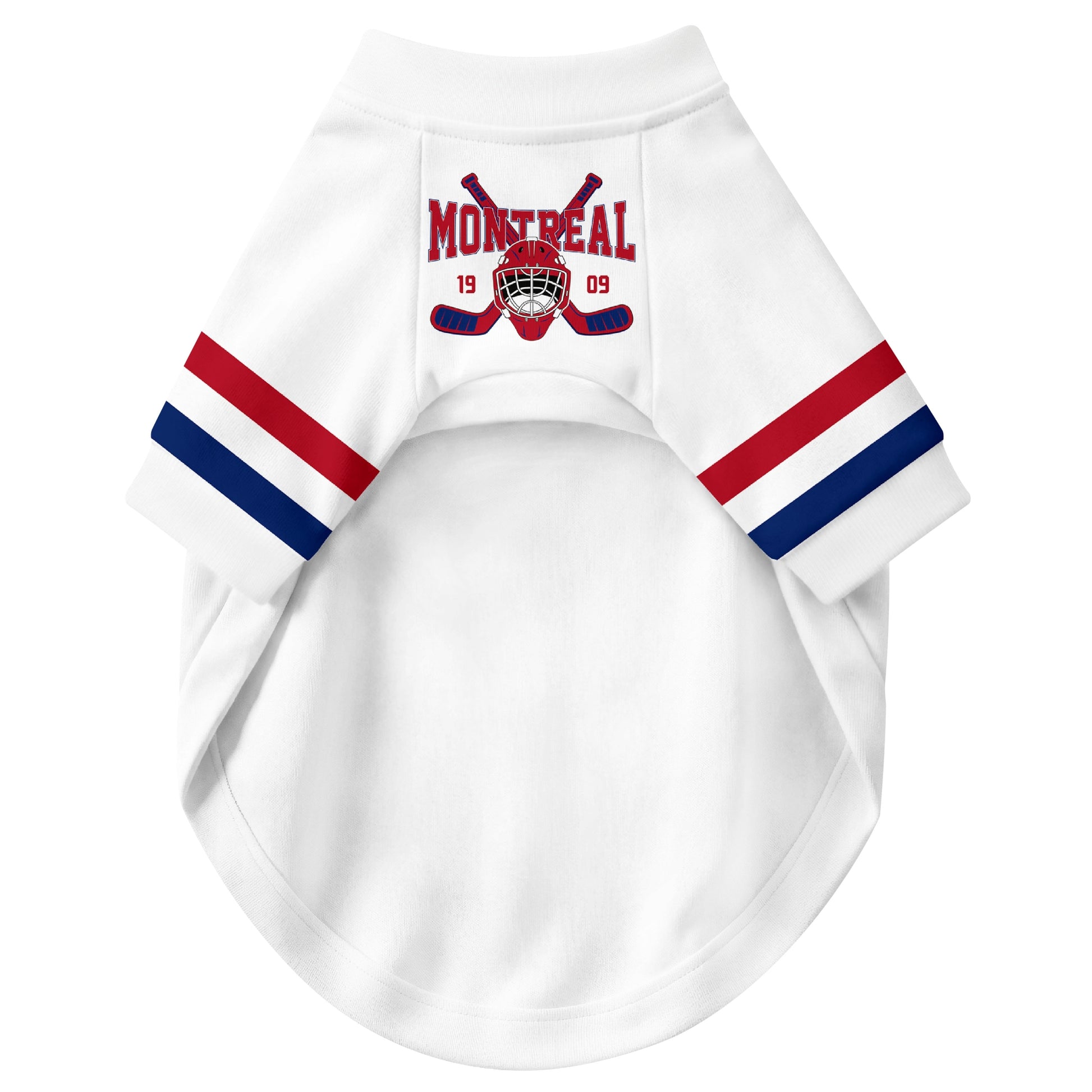 Front view of custom hockey-style dog jersey in White and Red colors